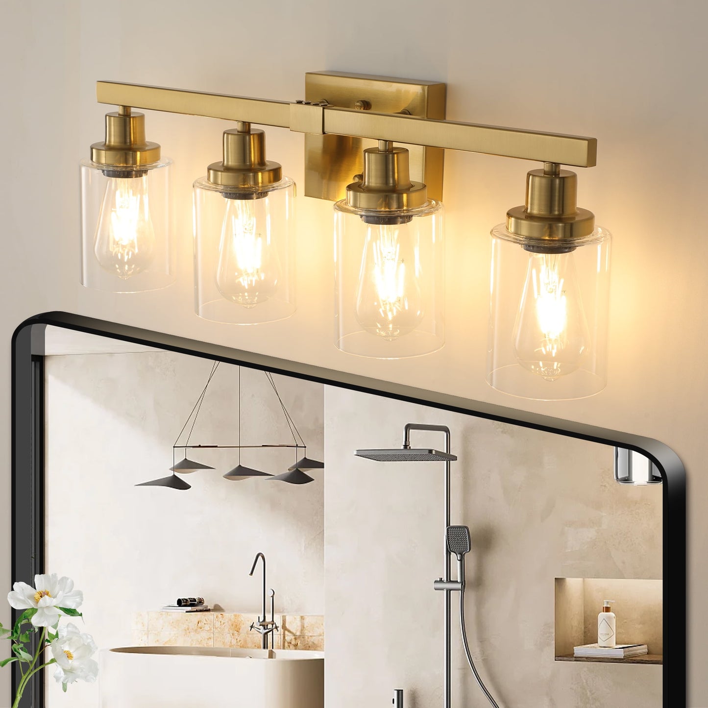 Holaki 50" Rustic 7-Light Vanity Light, Industrial Bathroom Wall Sconce with Glass Shades and Wood Accent, Modern Farmhouse Lighting Fixture, Walnut (E26, No Bulbs)