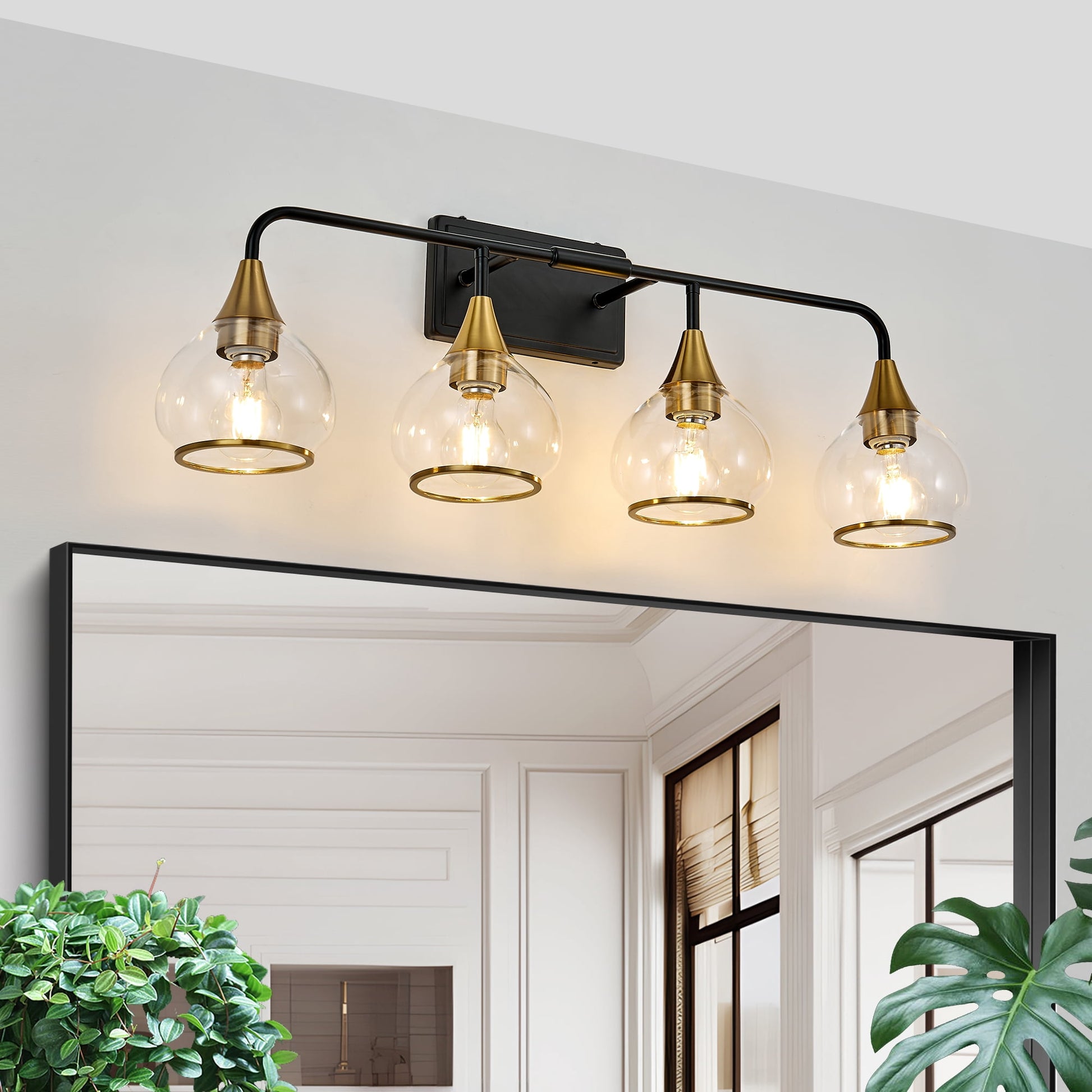 Holaki 31" Modern 4-Light Vanity Wall Sconce - Black and Gold Bathroom Light Fixture with Clear Glass Shades, Industrial Wall Mounted Lamp for Mirror, Vanity, and Living Spaces (Bulb Not Included)
