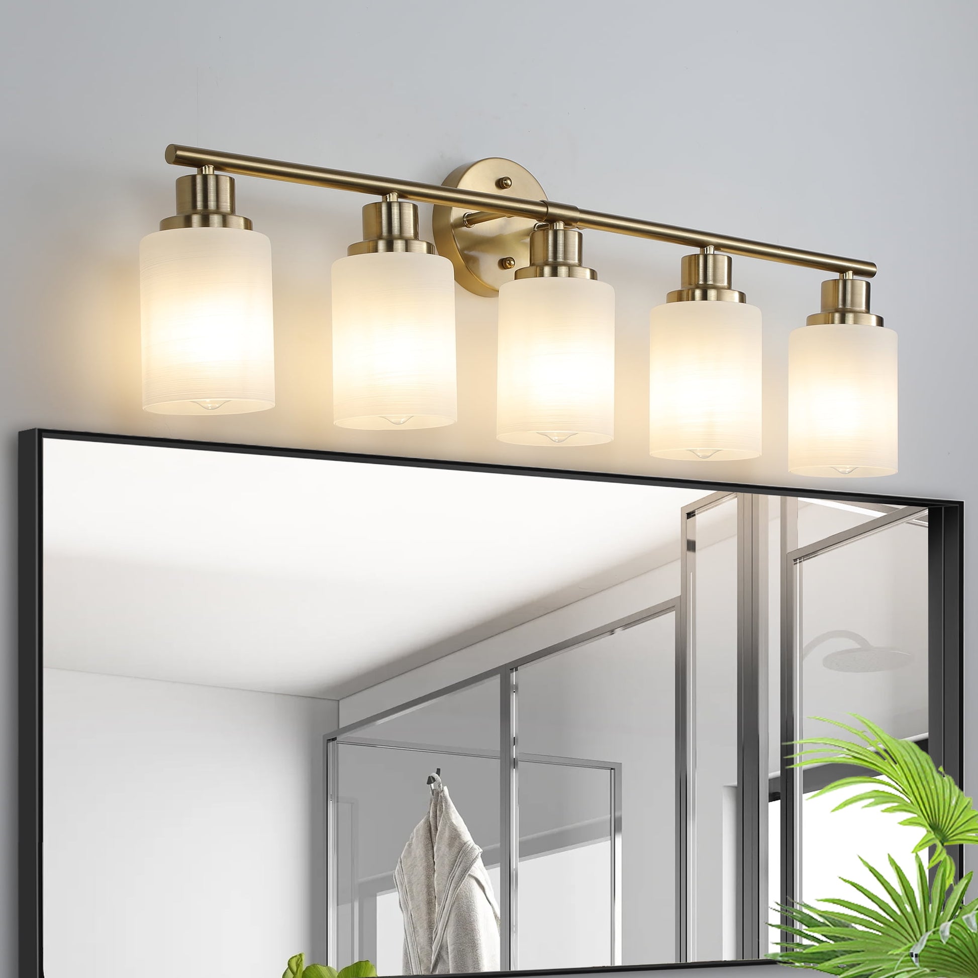 Holaki 31" Modern 5-Light Vanity Wall Sconce, Golden Finish with Frosted Glass Shades for Bathroom or Hallway Lighting (E26, No Bulbs Included)