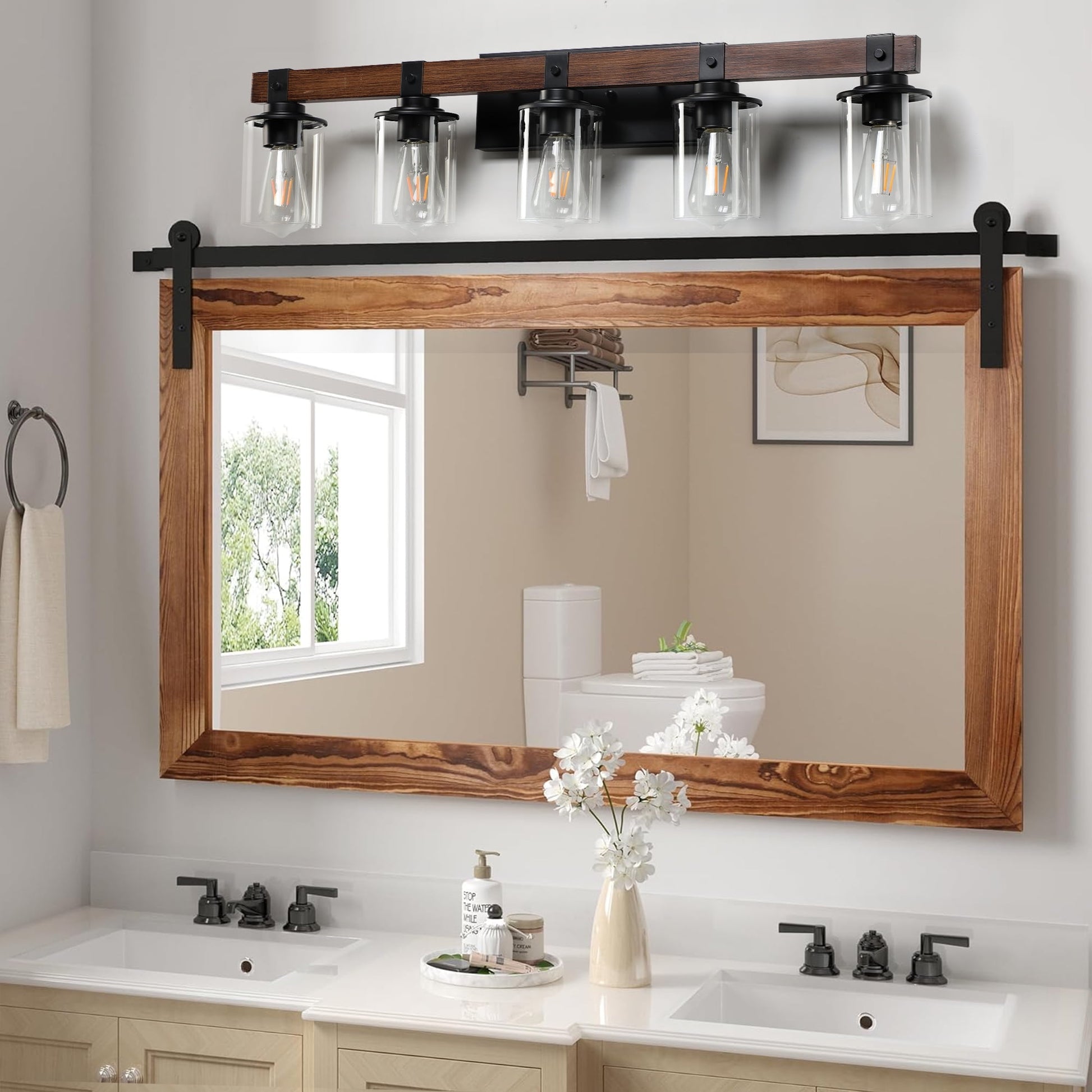 Holaki 35" Rustic 5-Light Vanity Light, Industrial Bathroom Wall Sconce with Glass Shades and Wood Accent, Modern Farmhouse Lighting Fixture, Walnut (E26, No Bulbs)