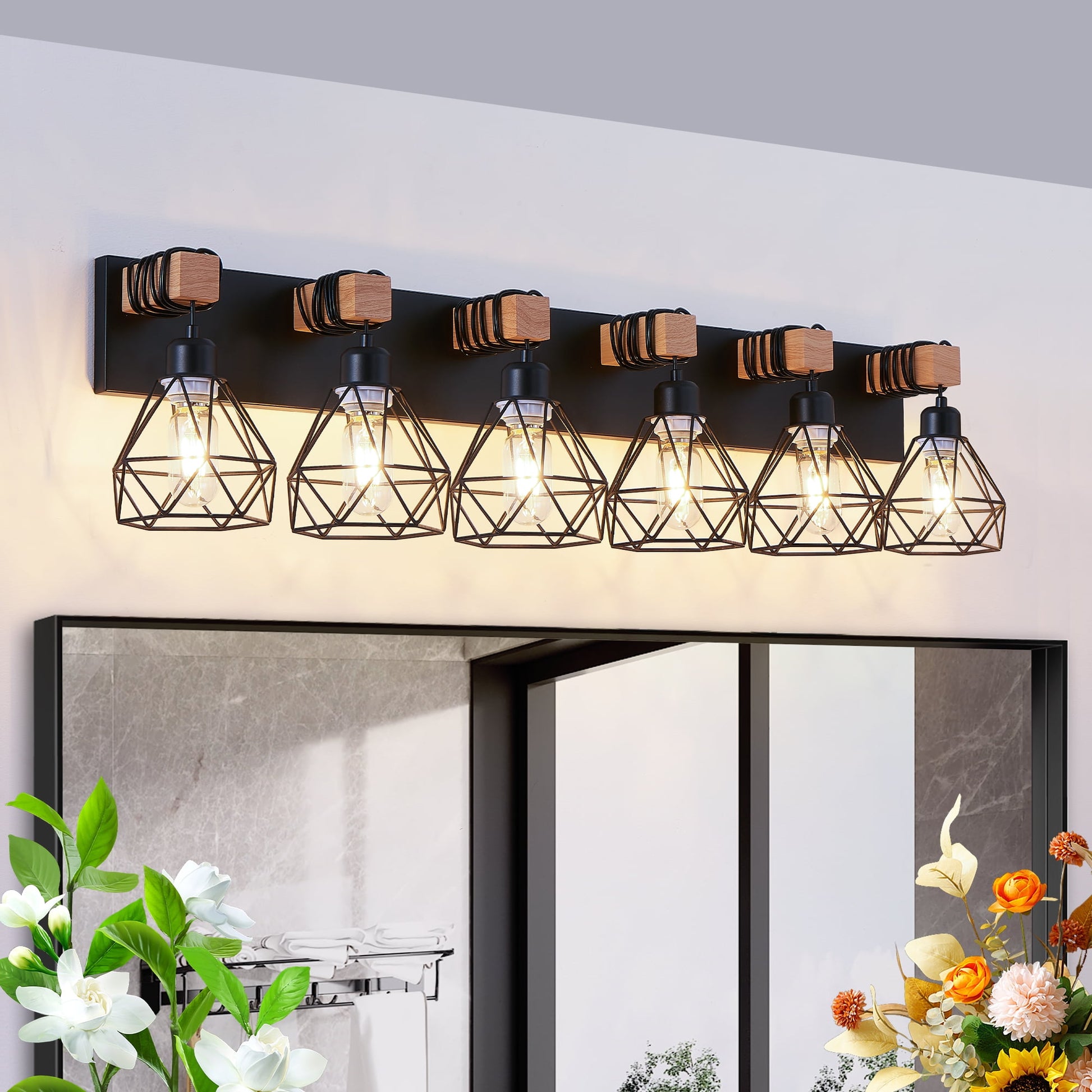 Holaki 38" Modern Geometric 6-Light Vanity Light Fixture with Black Metal, Wooden Accents and Cage Lampshade for Bathroom, Bedroom, or Living Room (Bulb Not Included)