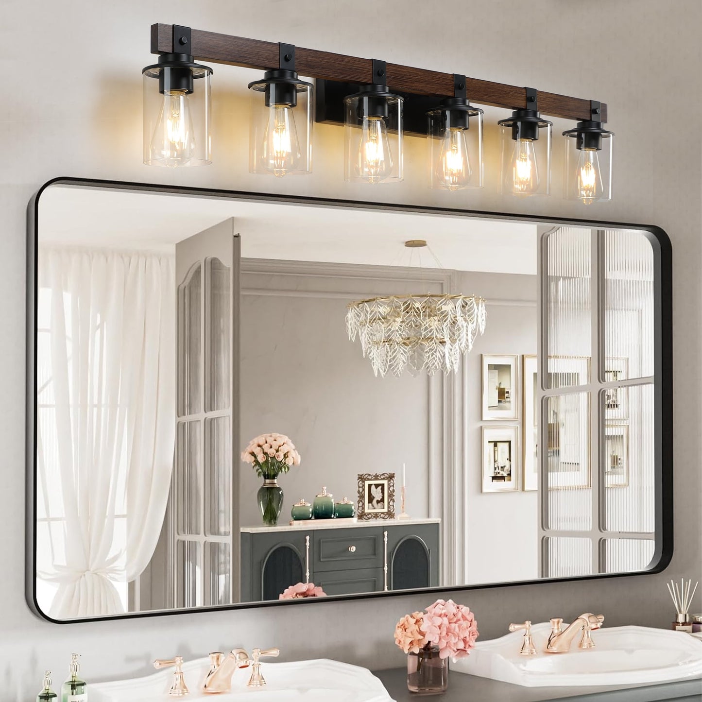 Holaki 42" Rustic 6-Light Vanity Light, Industrial Bathroom Wall Sconce with Glass Shades and Wood Accent, Modern Farmhouse Lighting Fixture, Walnut (E26, No Bulbs)