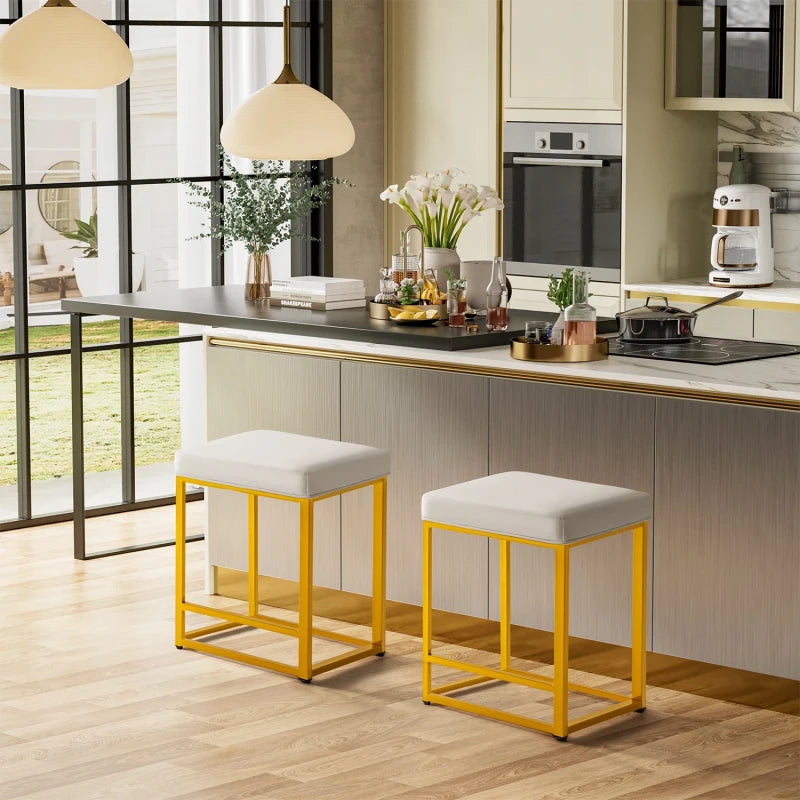 Lacoo  24" Upholstered Counter & Bar Stool with Footrest, Set of 2, Golden and White, PU leather
