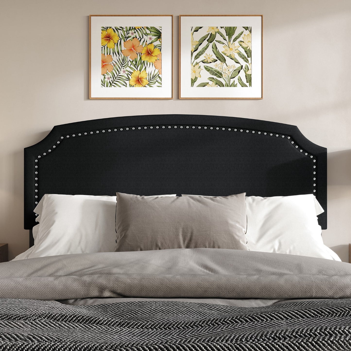 Home Design Bowie Queen Upholstered Headboard with Adjustable Height and Nailhead Trim, Black, Easy Assembly