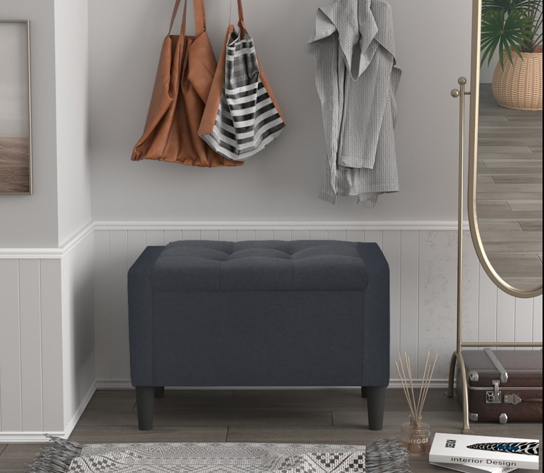 Home Design Braylen Upholstered 29" Flip Top Storage Bench with Button Tufted Velvet Seat, Spacious Hidden Storage, Modern Rectangular Design for Bedroom or Living Room, Gunmetal