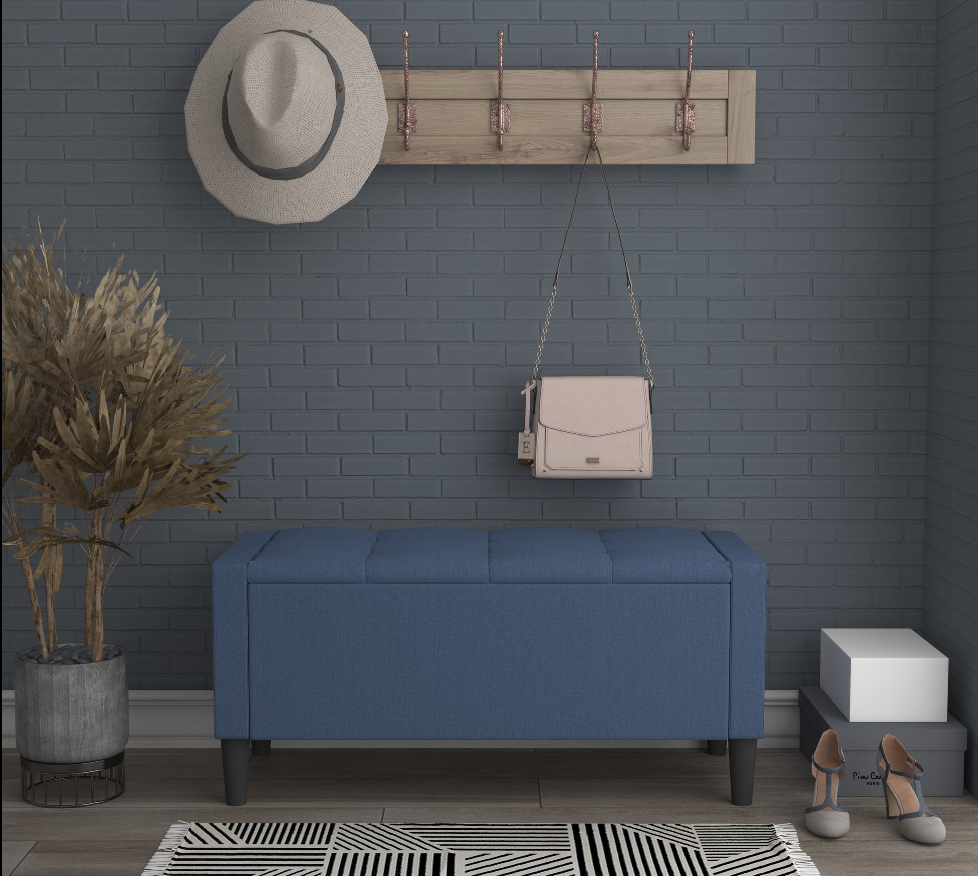 Home Design Braylen Upholstered 42" Flip Top Storage Bench with Button Tufted Velvet Seat, Spacious Hidden Storage, Modern Rectangular Design for Bedroom or Living Room, Denim Blue