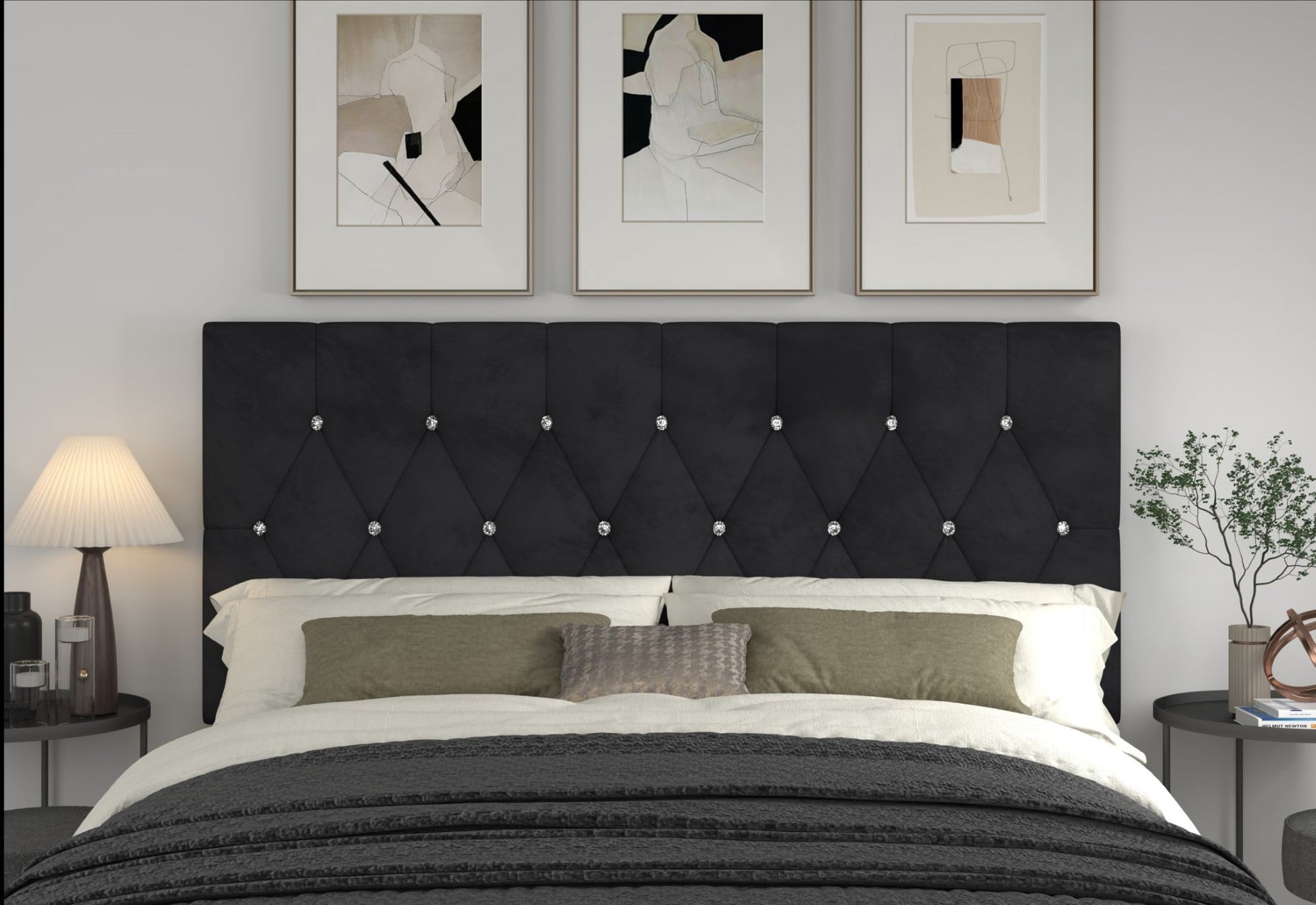 Home Design Concetta Queen Tufted Upholstered Adjustable Headboard, Black, Velvet with Diamond Button Tufting, Modern Bedroom Furniture