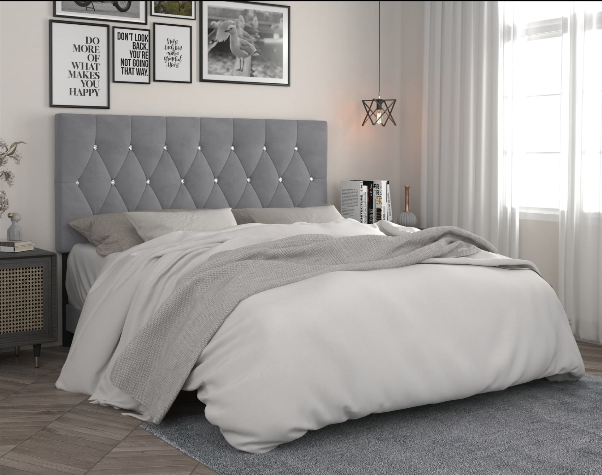 Home Design Concetta Full Tufted Upholstered Adjustable Headboard, Silver Gray, Velvet with Diamond Button Tufting, Modern Bedroom Furniture