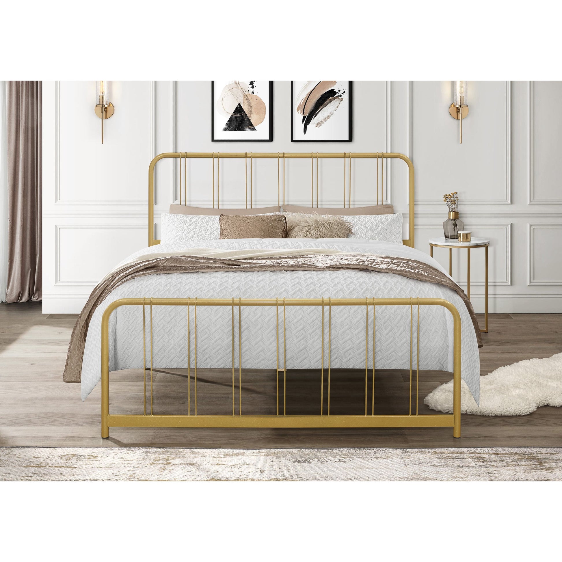 Home Design Debra Queen Metal Platform Bed Frame with Sturdy Frame and Openwork Design, Gold, Easy Assembly