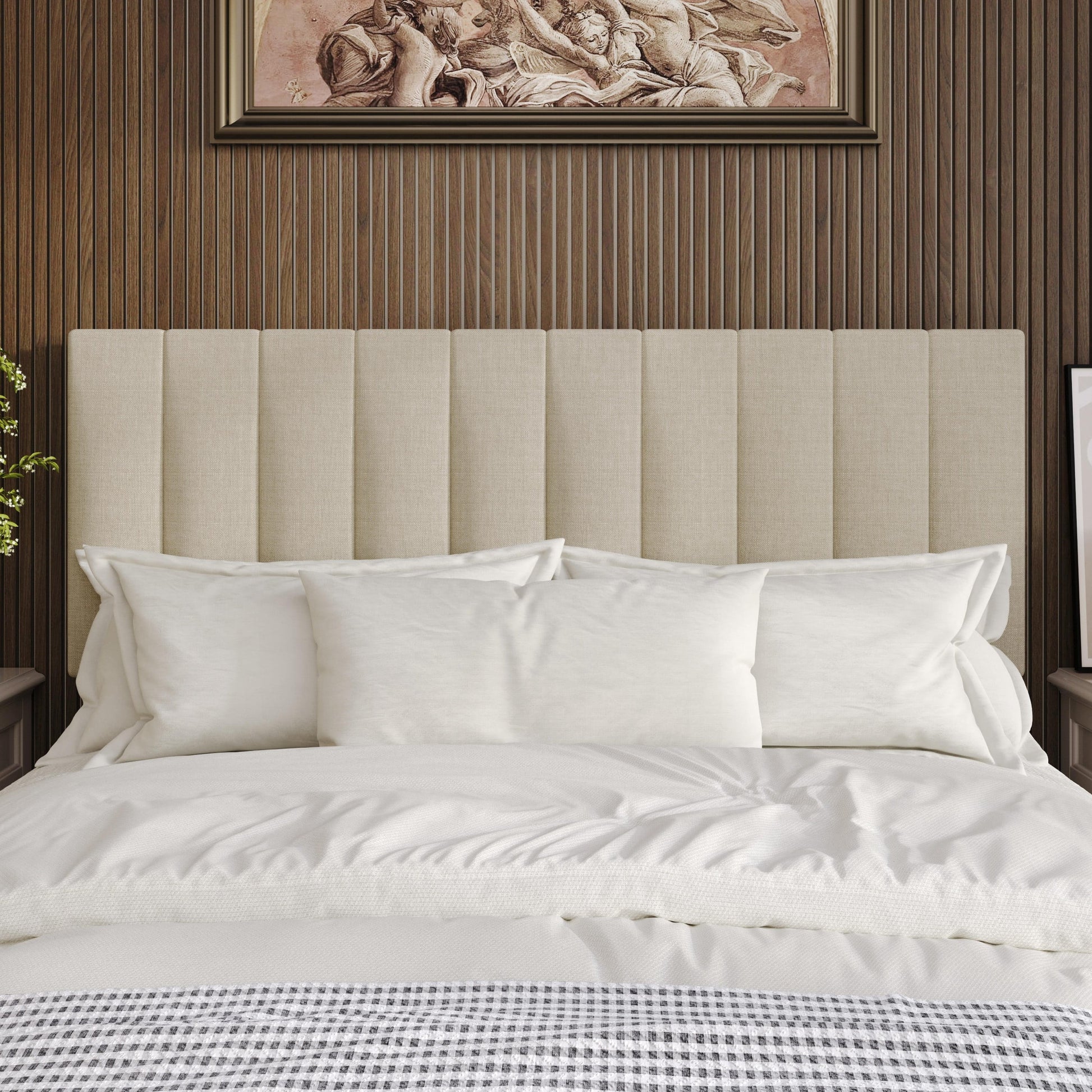 Home Design Dennis Full Upholstered Headboard with Vertical Channel Design, Adjustable Height, Beige