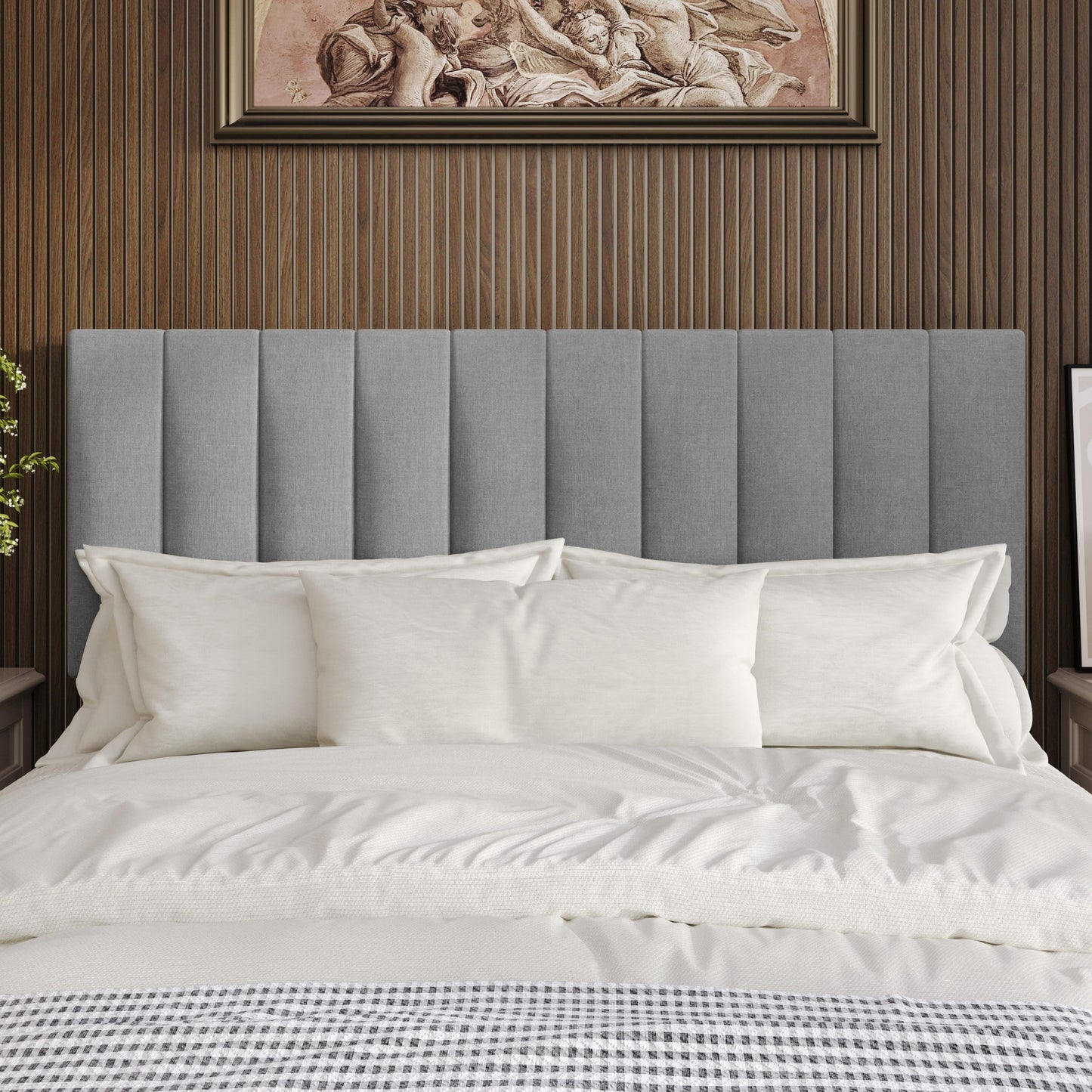 Home Design Dennis Queen Upholstered Headboard with Vertical Channel Design, Adjustable Height, Gray