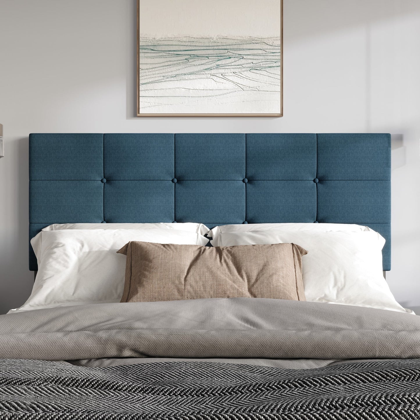 Home Design Dillon Full Tufted Upholstered Headboard with Foam Padding and Adjustable Height, Denim Blue, Easy Assembly