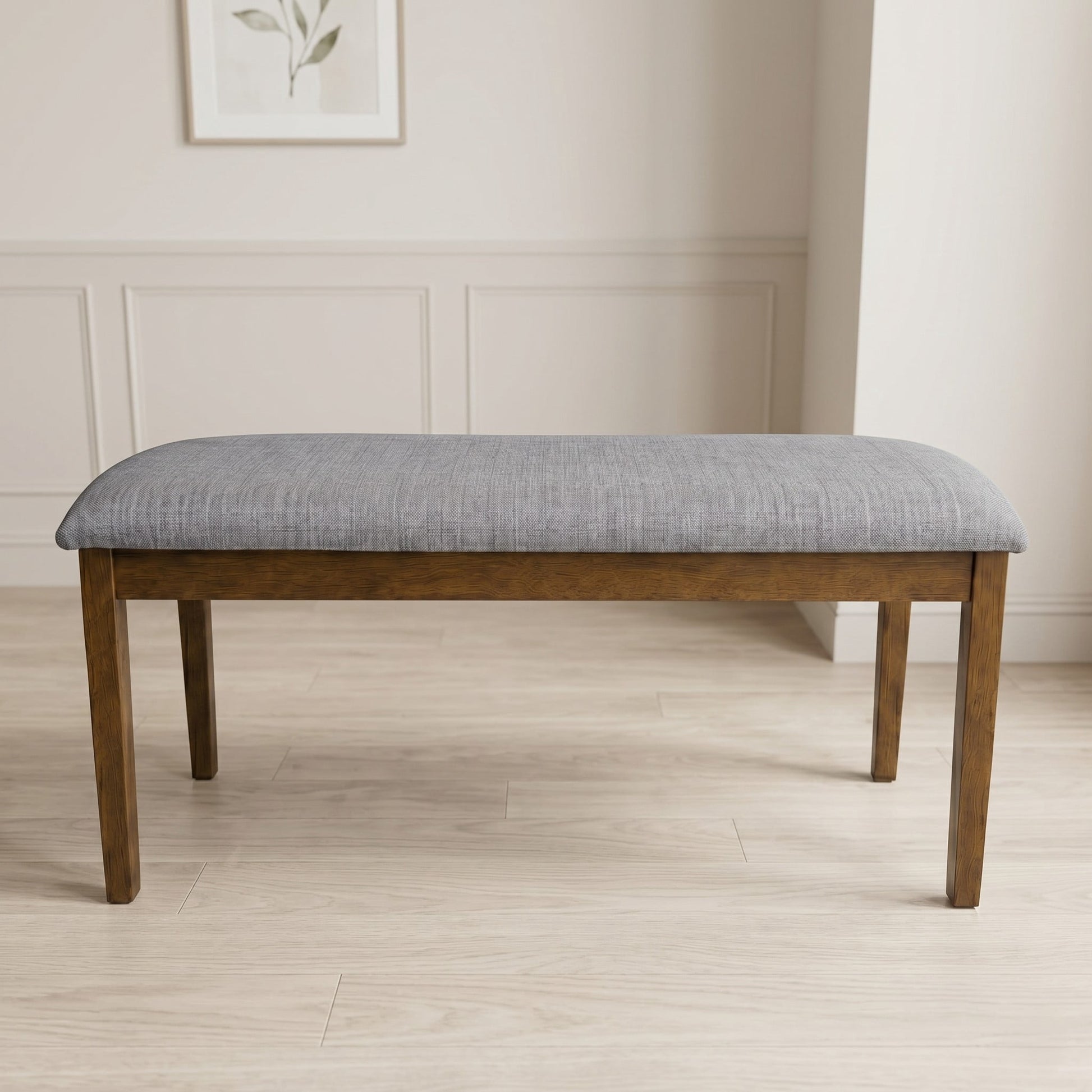 Home Design Easton Dining Bench, Rectangular, Comfortable Padded Seat, Gray Linen Fabric, Brown