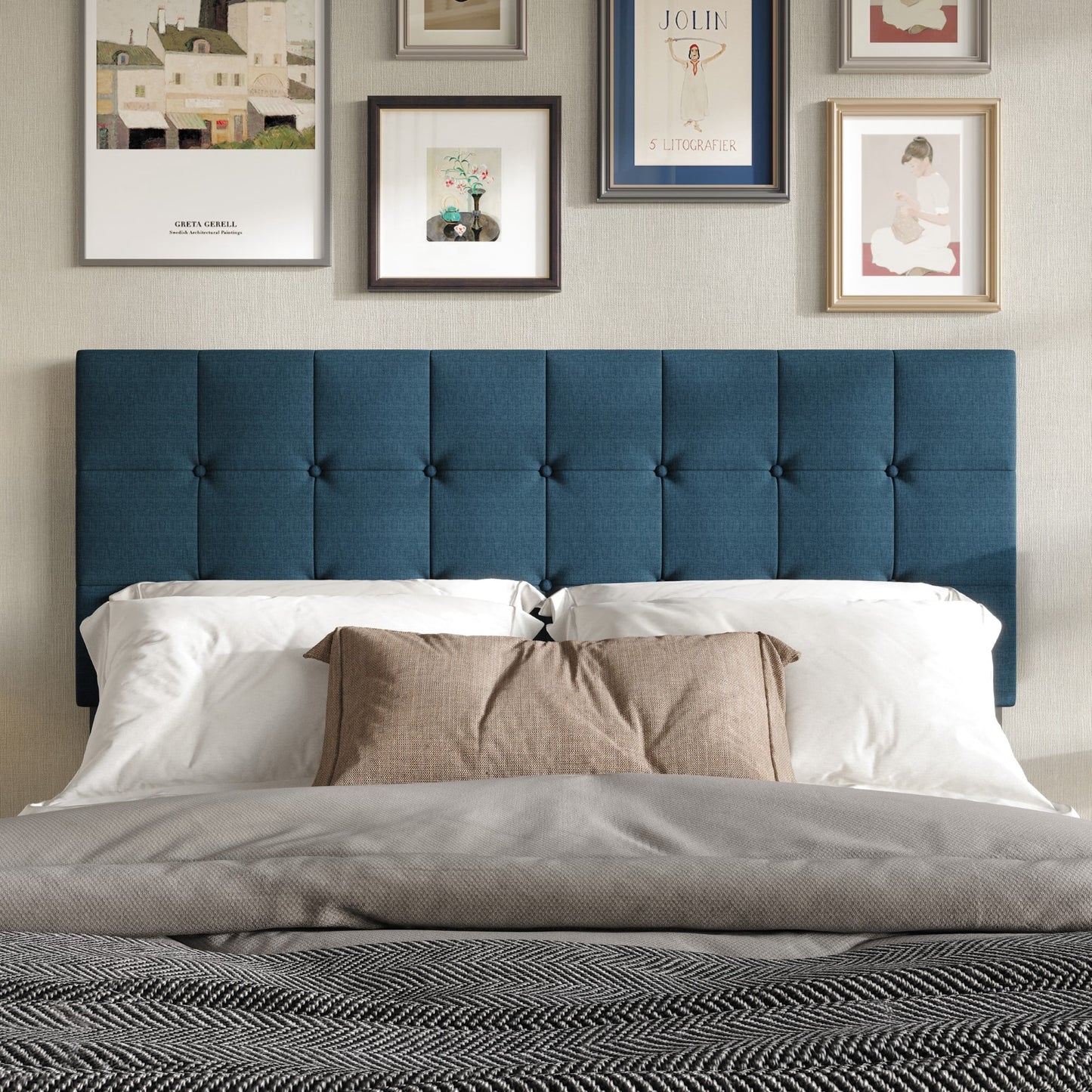 Home Design Ecorse Full Tufted Upholstered Headboard with Button Tufting and Foam Padding, Denim Blue, Easy Assembly