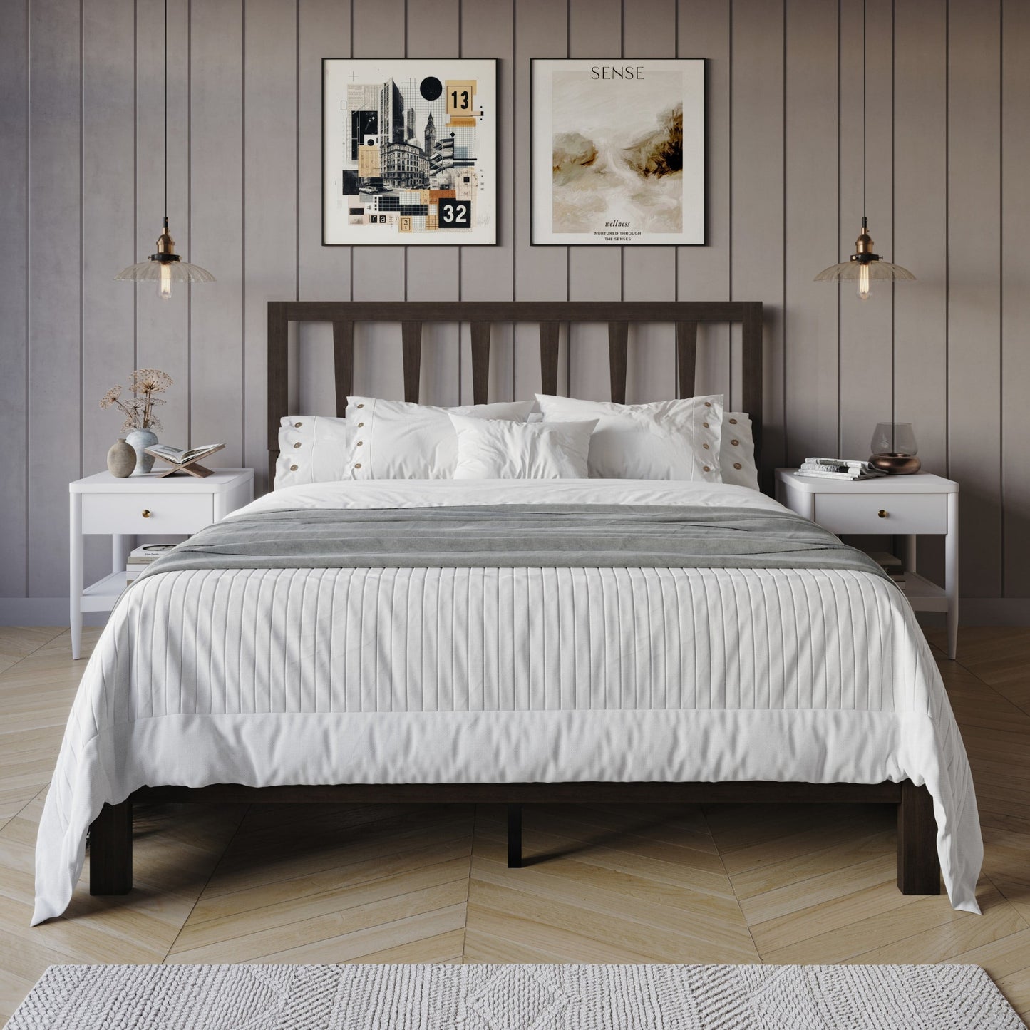 Home Design Elmira King Wood Platform Bed with Adjustable Height Headboard & Durable Wood Construction, Cappuccino, Easy Assembly