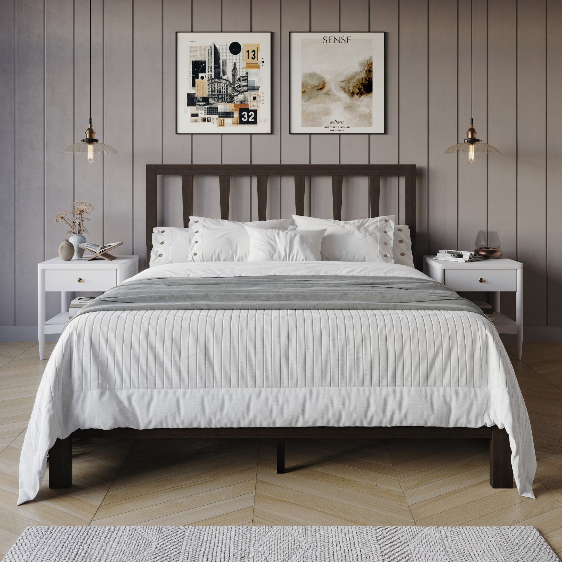 Home Design Elmira King Wood Platform Bed with Adjustable Height Headboard & Durable Wood Construction, Cappuccino, Easy Assembly