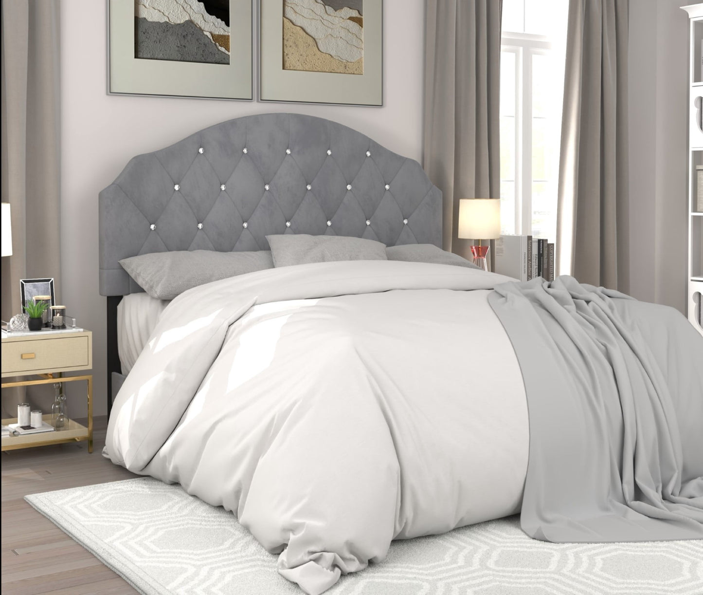Home Design Evelina Full Tufted Upholstered Headboard, Silver Gray, Velvet with Diamond Button Tufting, Modern Bedroom Furniture