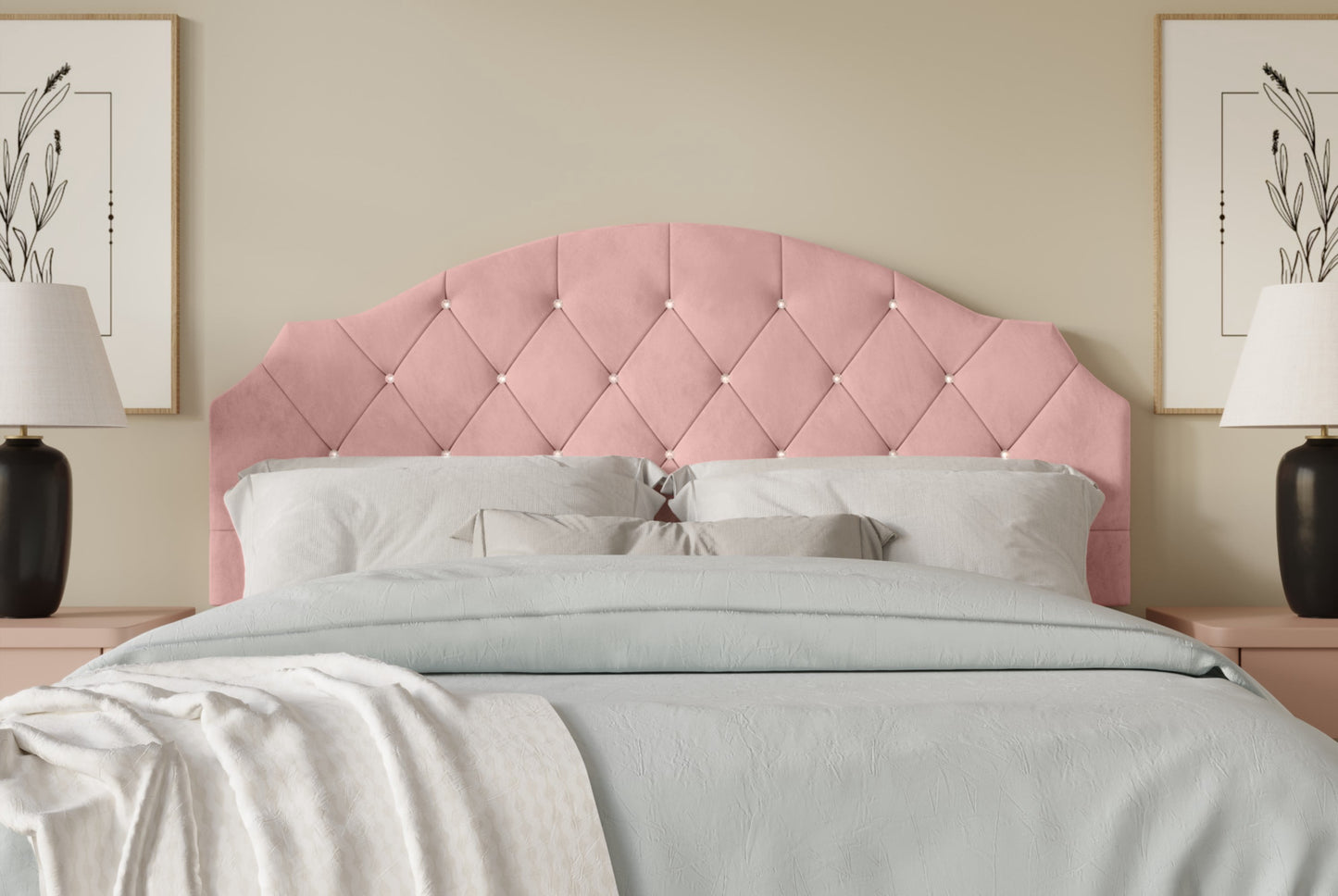 Home Design Evelina Queen Tufted Upholstered Headboard, Pink, Velvet with Diamond Button Tufting, Modern Bedroom Furniture