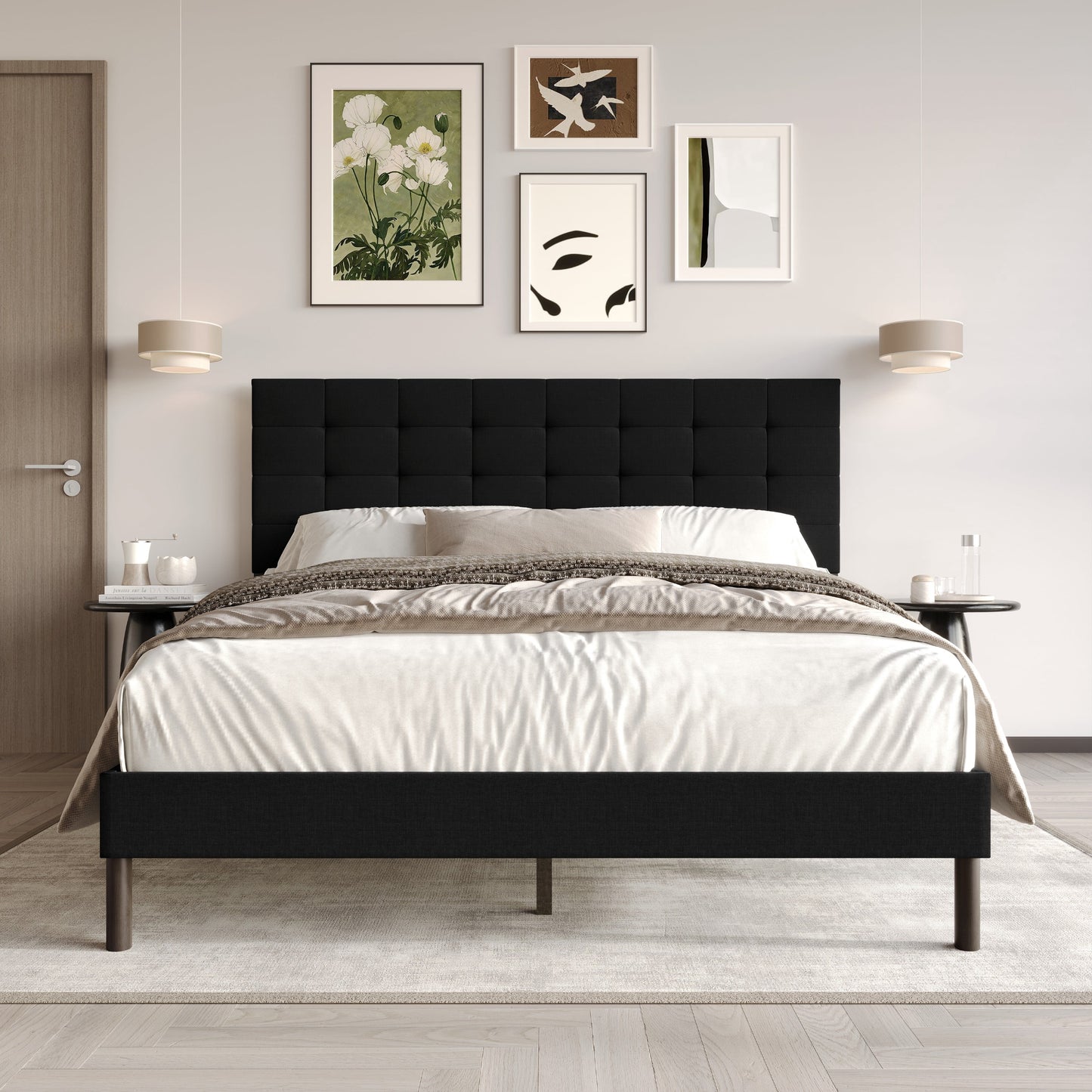 Home Design Haines Twin Linen Upholstered Panel Bed Frame with Rectangular Tufted Headboard & Sturdy Wooden Legs, Black, Easy Assembly