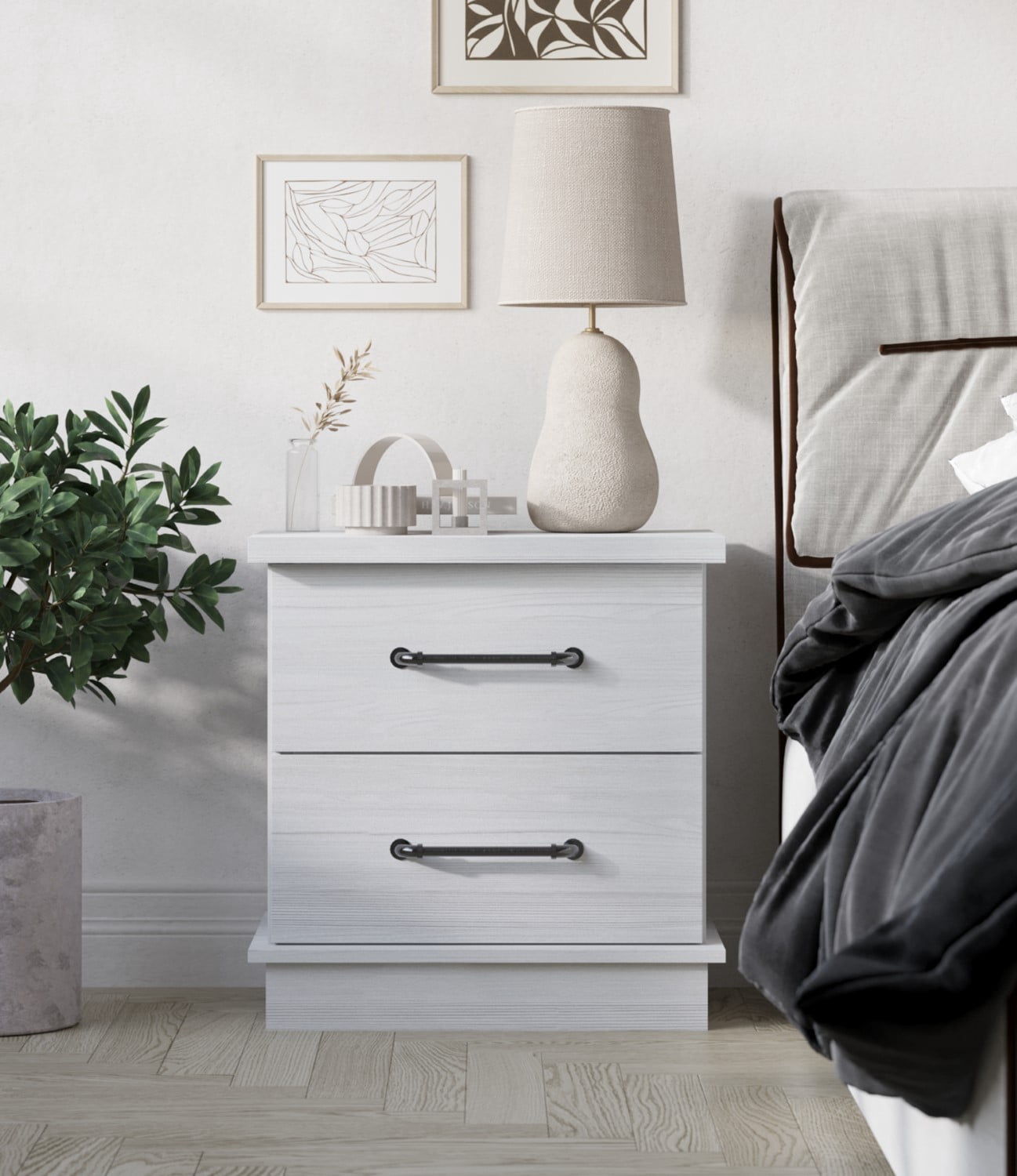 Home Design Herne Nightstand with 2 Spacious Drawers and Wide Surface, White, Easy Assembly