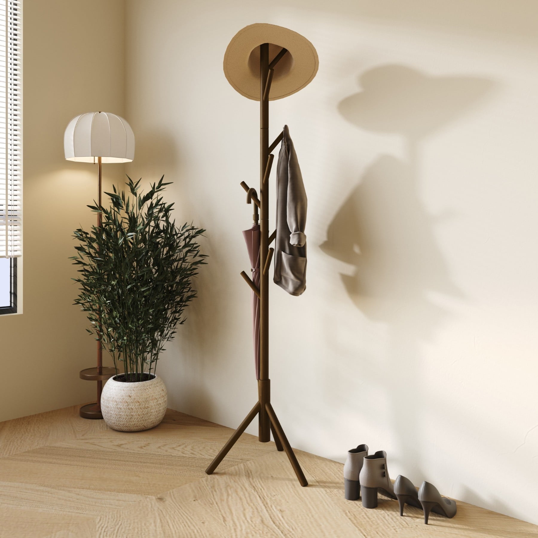 Home Design Houma Solid Wood Freestanding 8-Hook Coat Rack, Brown â€“ Entryway, Hallway, Bedroom Organizer for Jackets & Hats