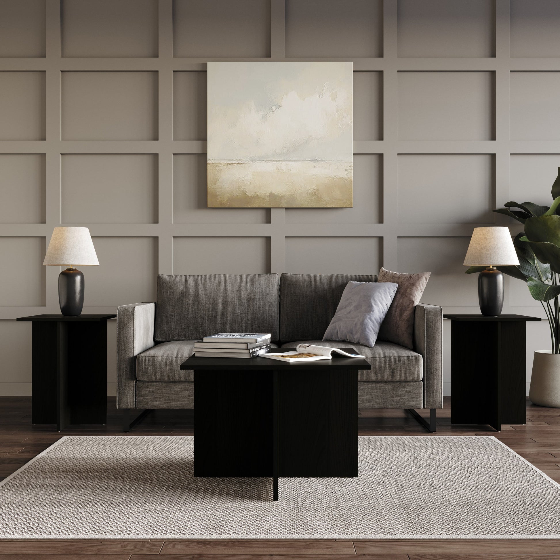 Home Design Joliet 3-Piece Coffee Table Set with Rectangular Coffee Table and 2 Matching End Tables, Natural Wood Grain Finish with Modern Open Shelf Design for Living Room, Black