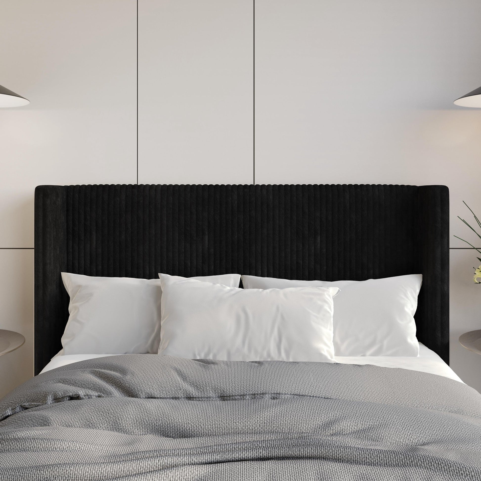 Home Design Lenox Full Upholstered Wingback Headboard, Soft Corduroy, Black, Easy to Assemble