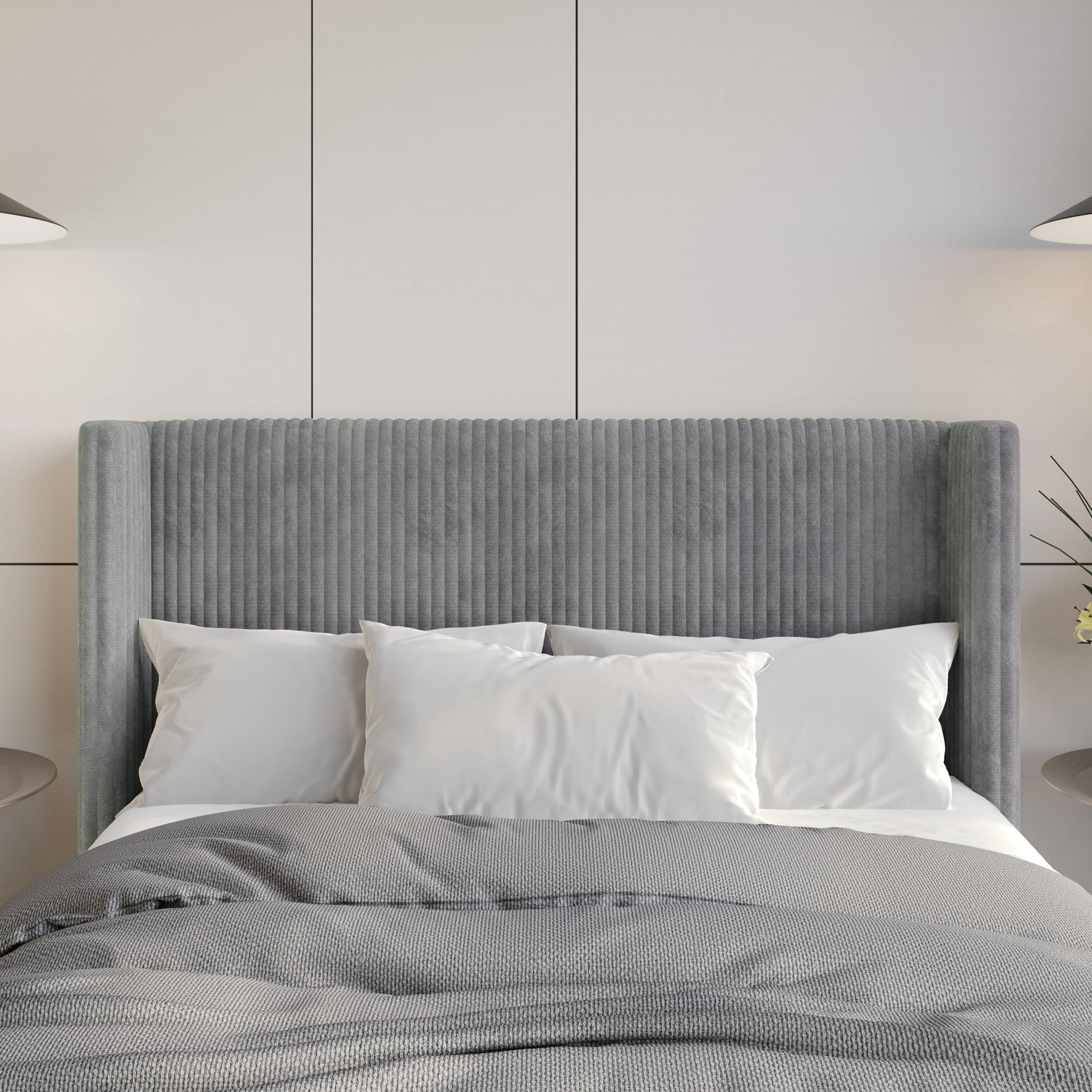 Home Design Lenox Queen Upholstered Wingback Headboard, Soft Corduroy, Gray, Easy to Assemble