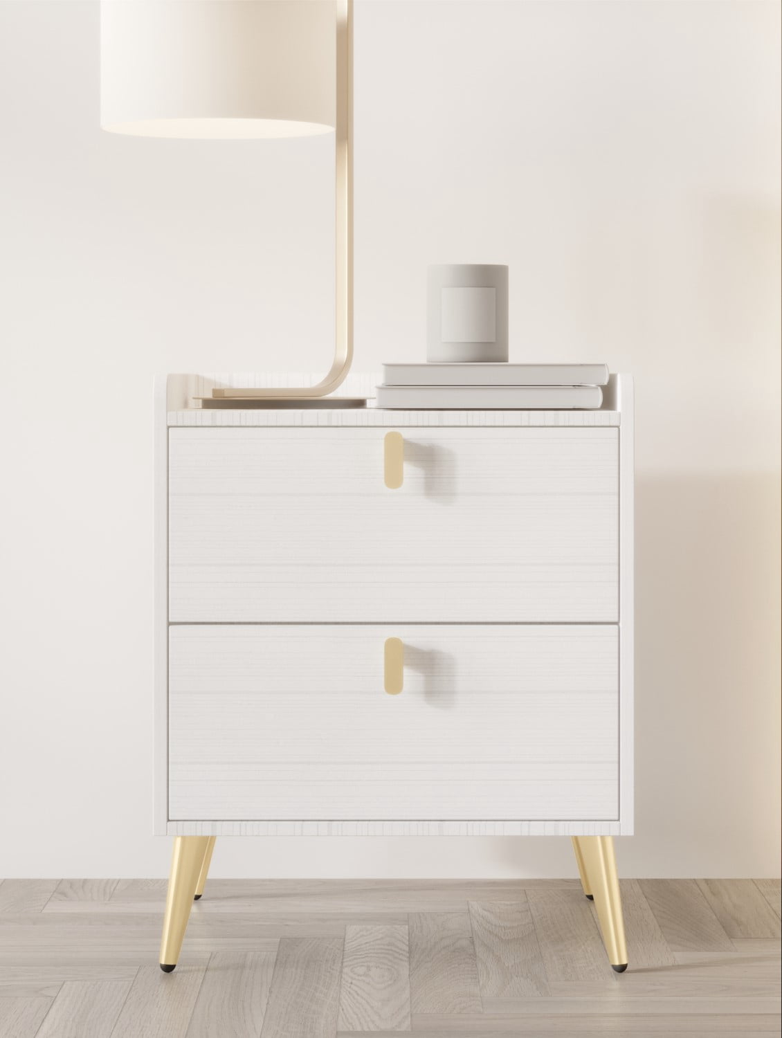 Home Design Muilee Nightstands (Set of 2) with Brushed Gold Handles and Roller Glides, White, Easy Assembly