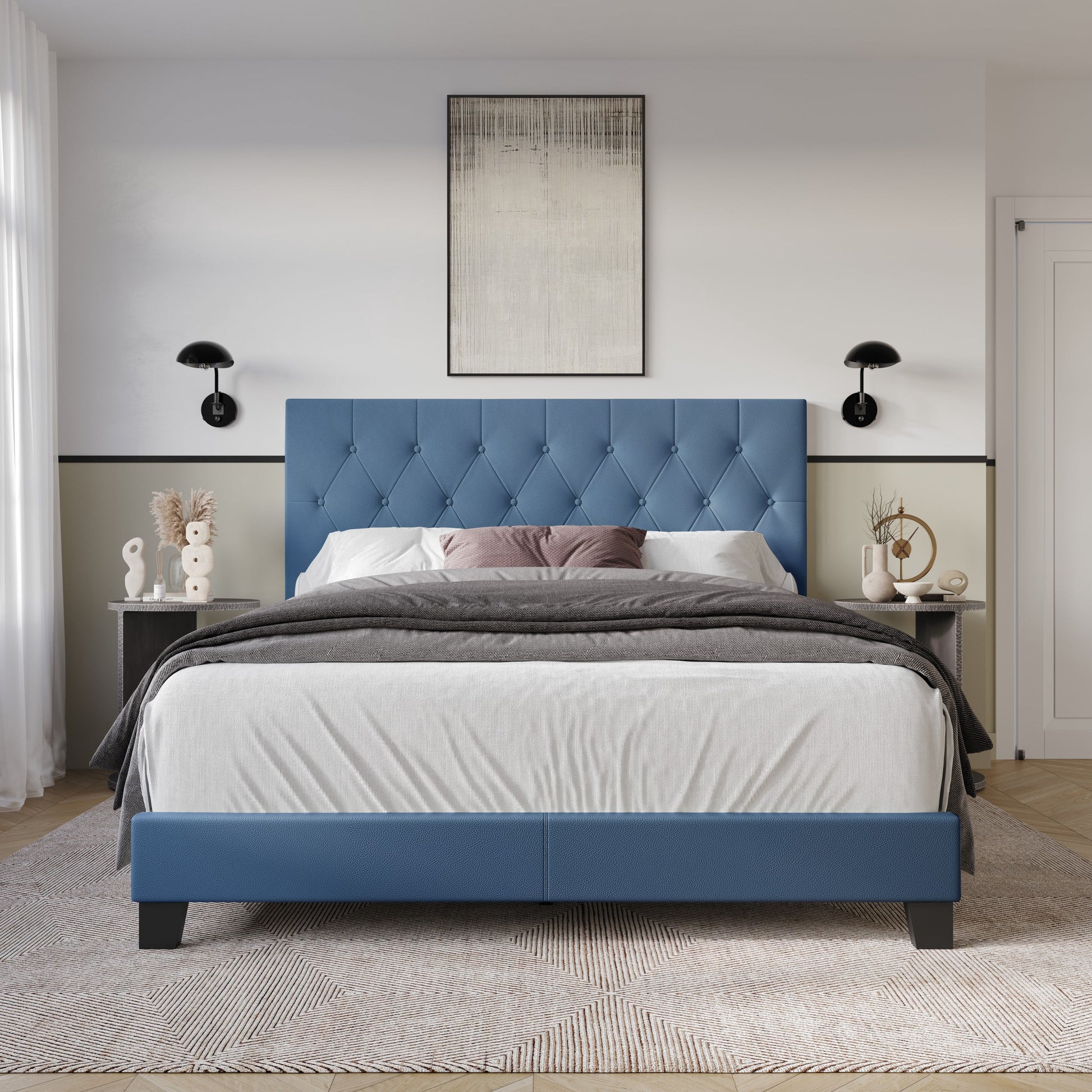 Home Design Omaha Full Tufted Upholstered Panel Bed Frame, Blue, Easy Assembly