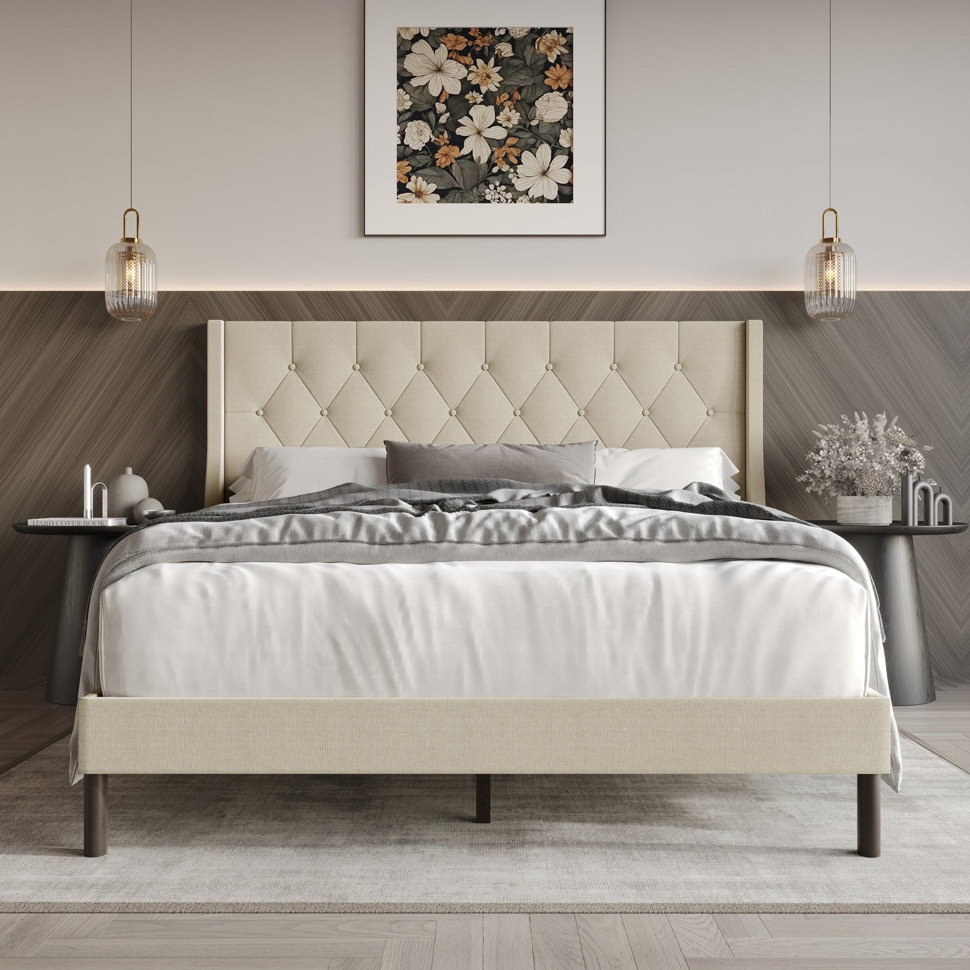 Home Design Oregon Twin Button-Tufted Upholstered Wingback Panel Bed Framefor Adult, Beige, Easy Assembly
