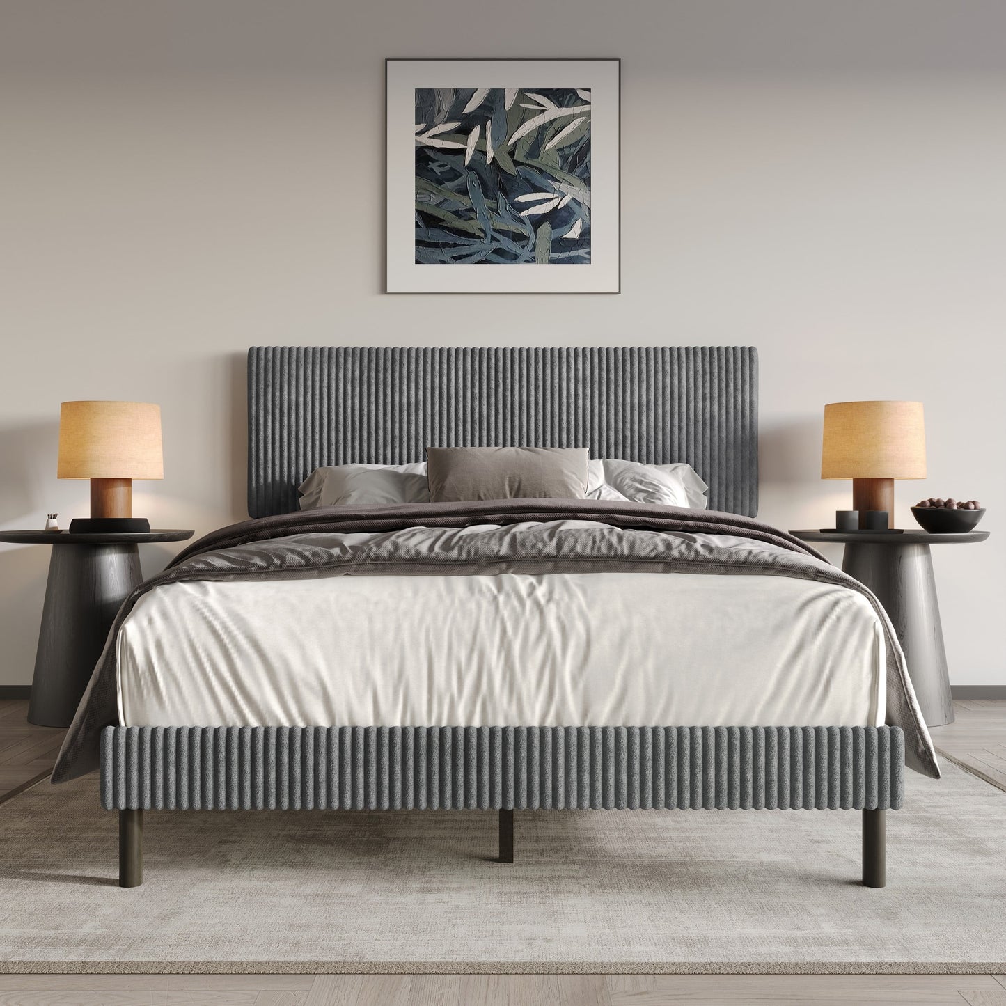 Home Design Osceola Full Luxurious Corduroy Upholstered Panel Bed Frame for Adult, Gray, Easy Assembly, Box Spring Required (Sold Separately)