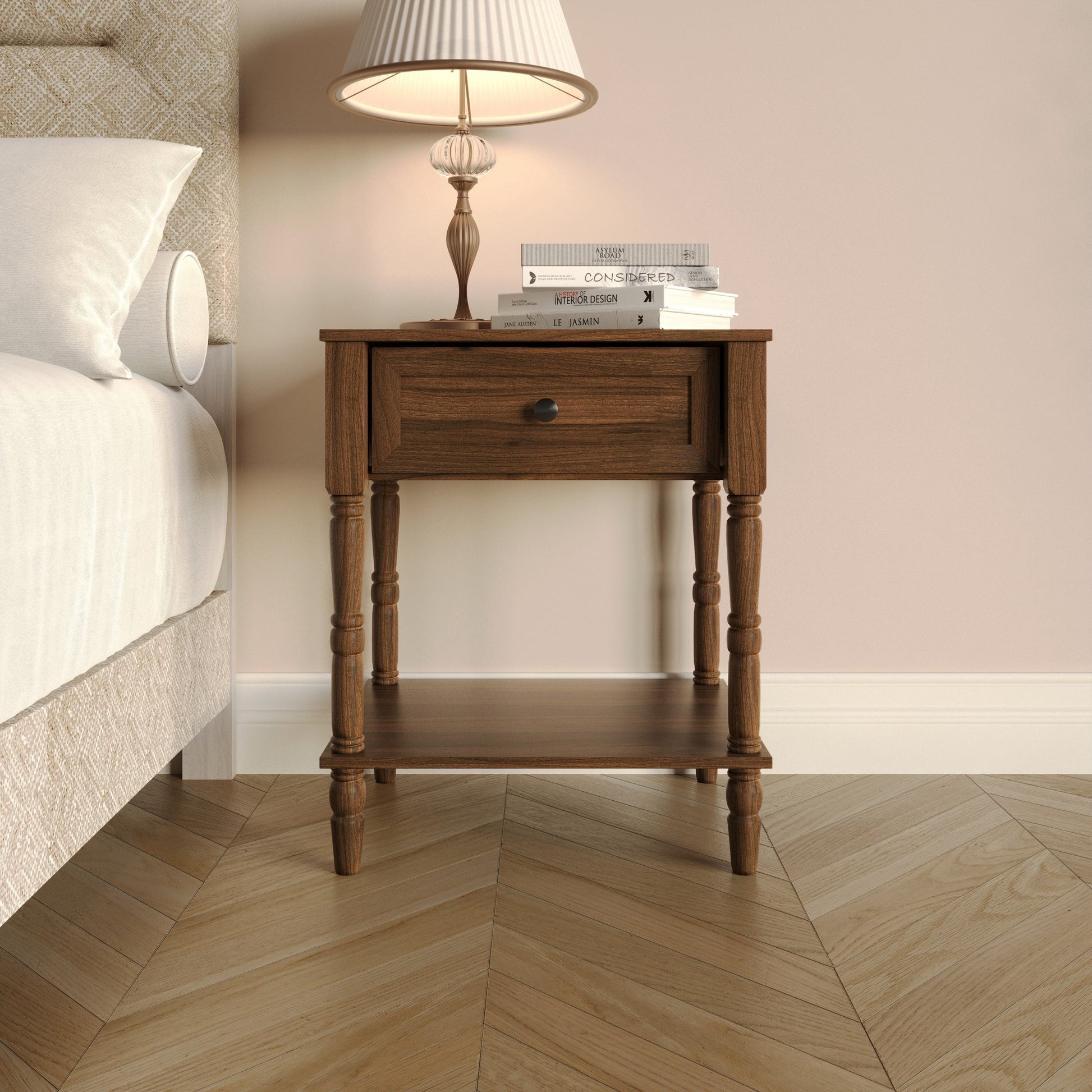 Home Design Rumford 1-Drawer Nightstand for Adult, Modern Bedside Table with Storage, Brown Finish