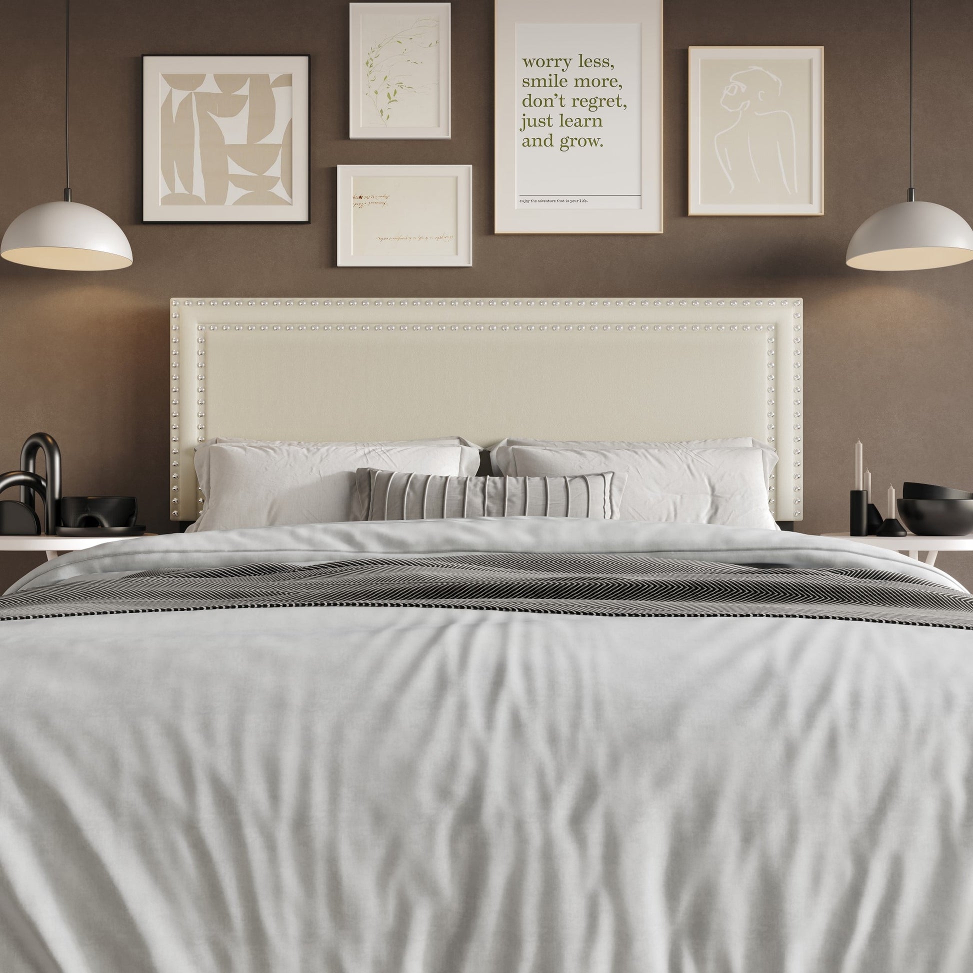 Home Design Sarasota Full Upholstered Headboard with Double Nailhead Trim and Foam Padding, Cream, Easy Assembly