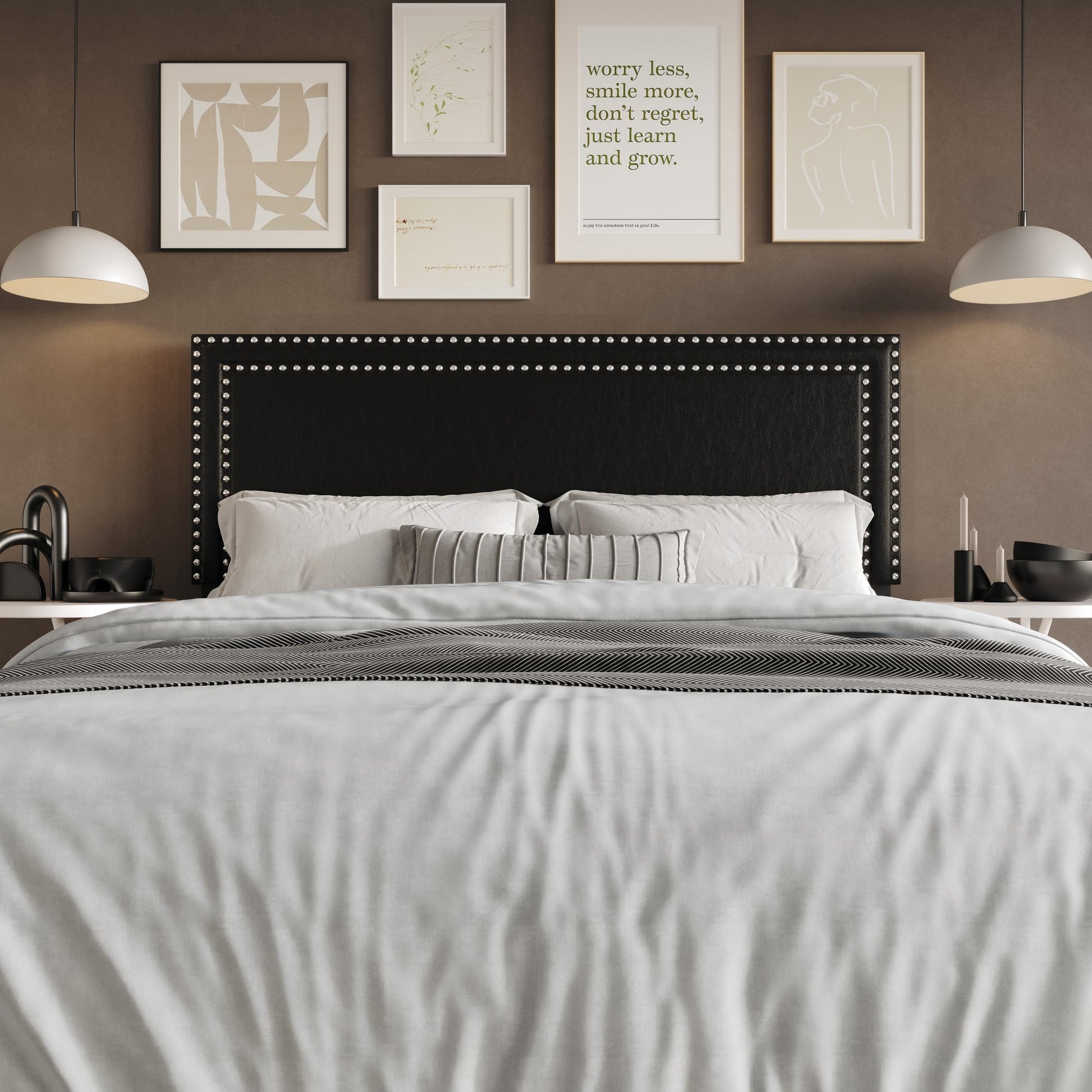 Home Design Sarasota Queen Upholstered Headboard with Double Nailhead Trim and Foam Padding, Black, Easy Assembly