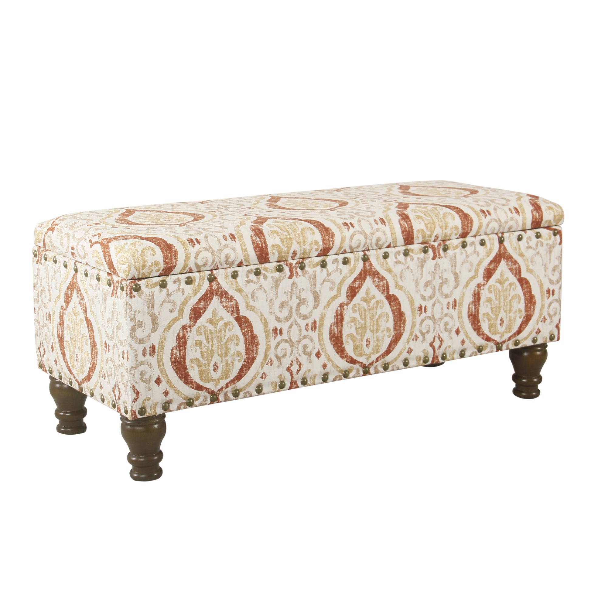 HomePop Large Storage Bench with Nailhead Trim, 42"W x 18"D x 18"H, Orange/Cream Medallion Print