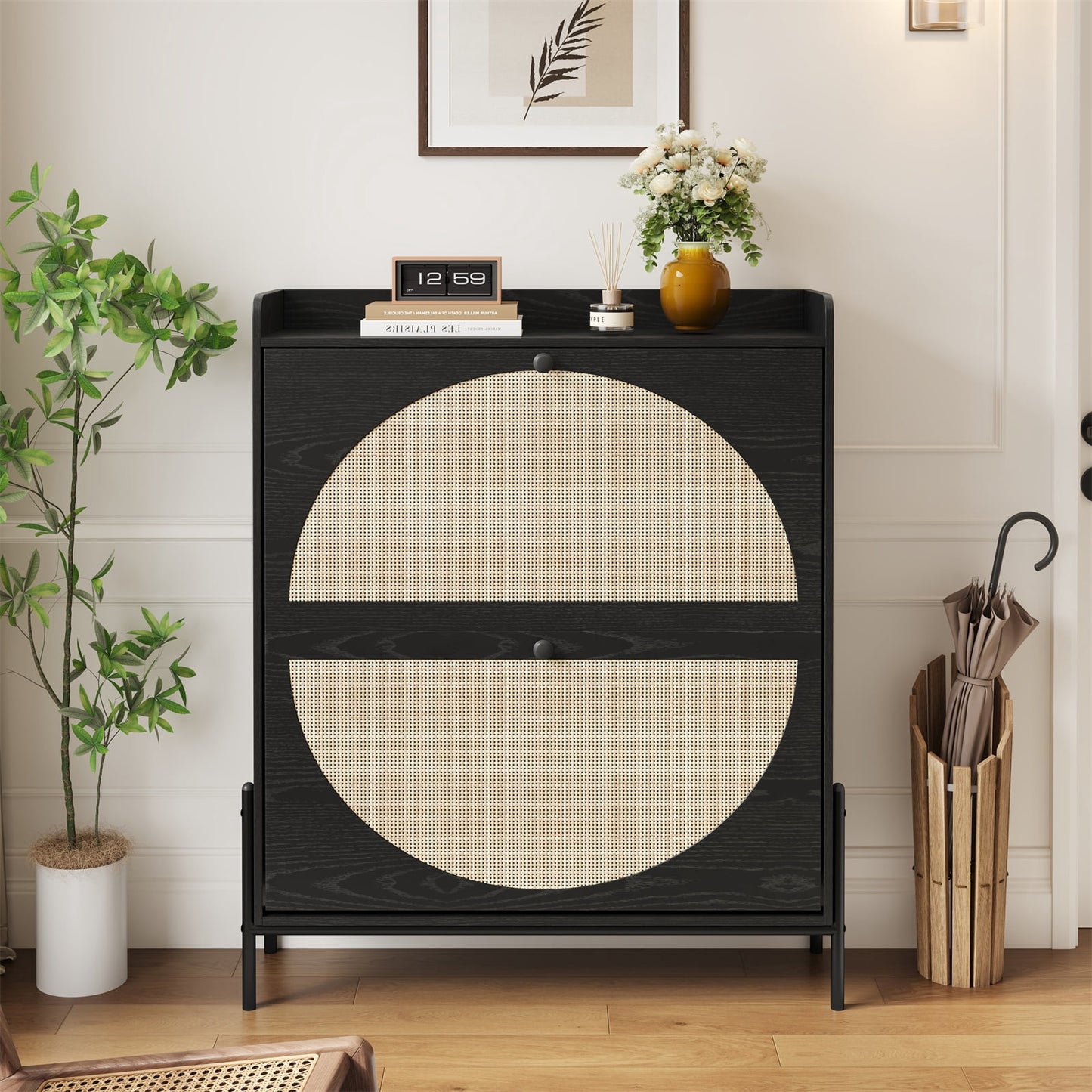Hommoo 2 Flip Drawers Wooden Shoe Cabinet with Rattan Doors, Freestanding Shoe Storage Organizer for Entryway, Black