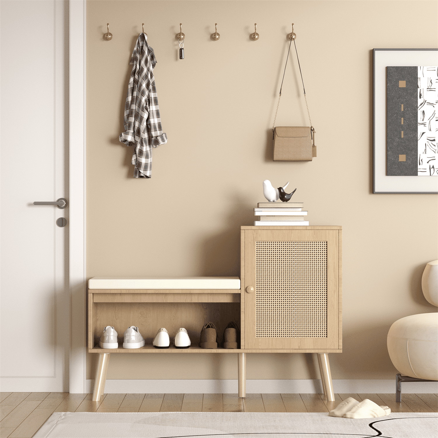 Hommoo 2-in-1 Shoe Storage Bench, Modern Rattan Shoe Cabinet with Adjustable Shelves and Padded Seat, Shoe Storage Organizer, Natural