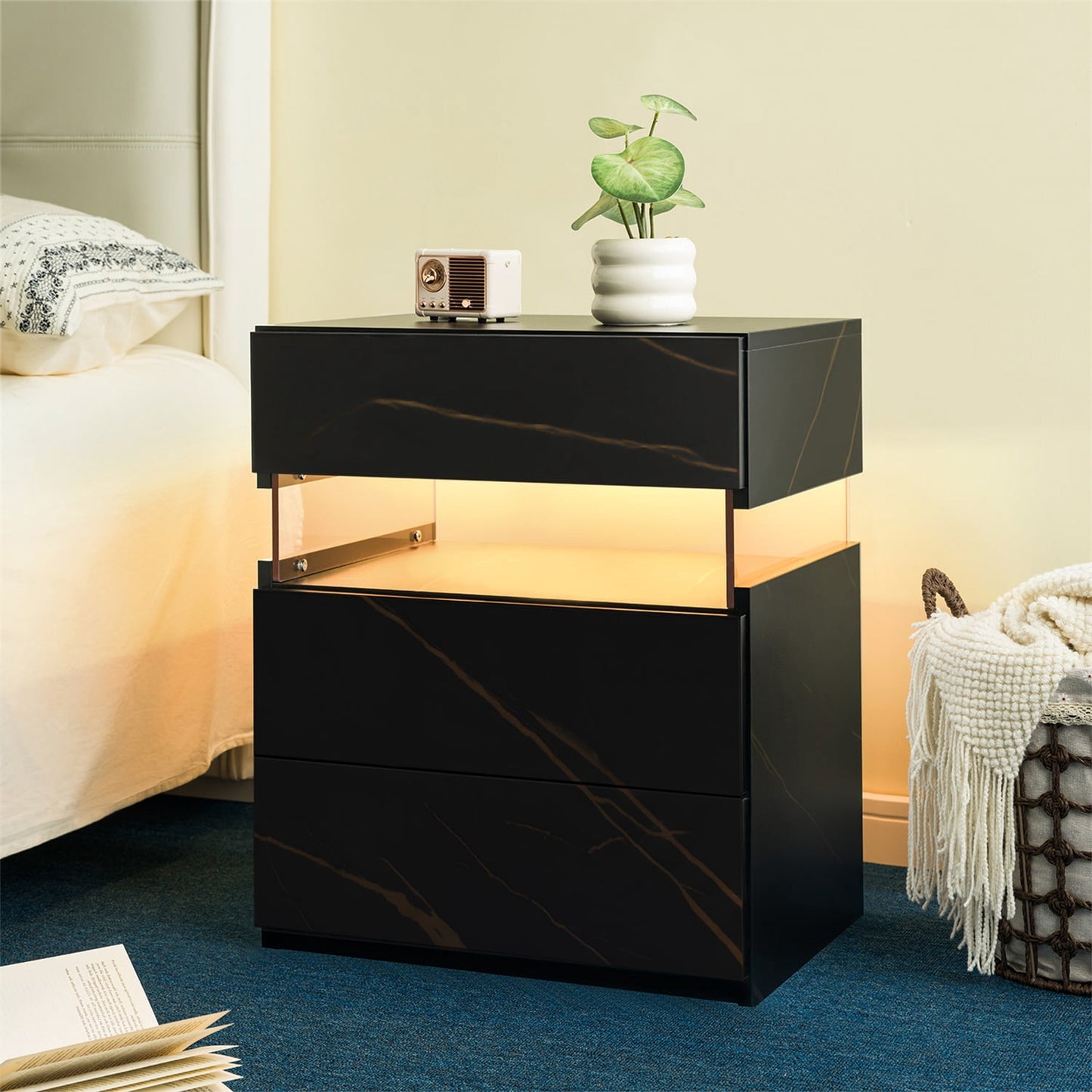 Hommoo 3 Drawer Dresser LED Nightstands, End Table Bedside Tables for Bedroom, Living Room, Black Gold