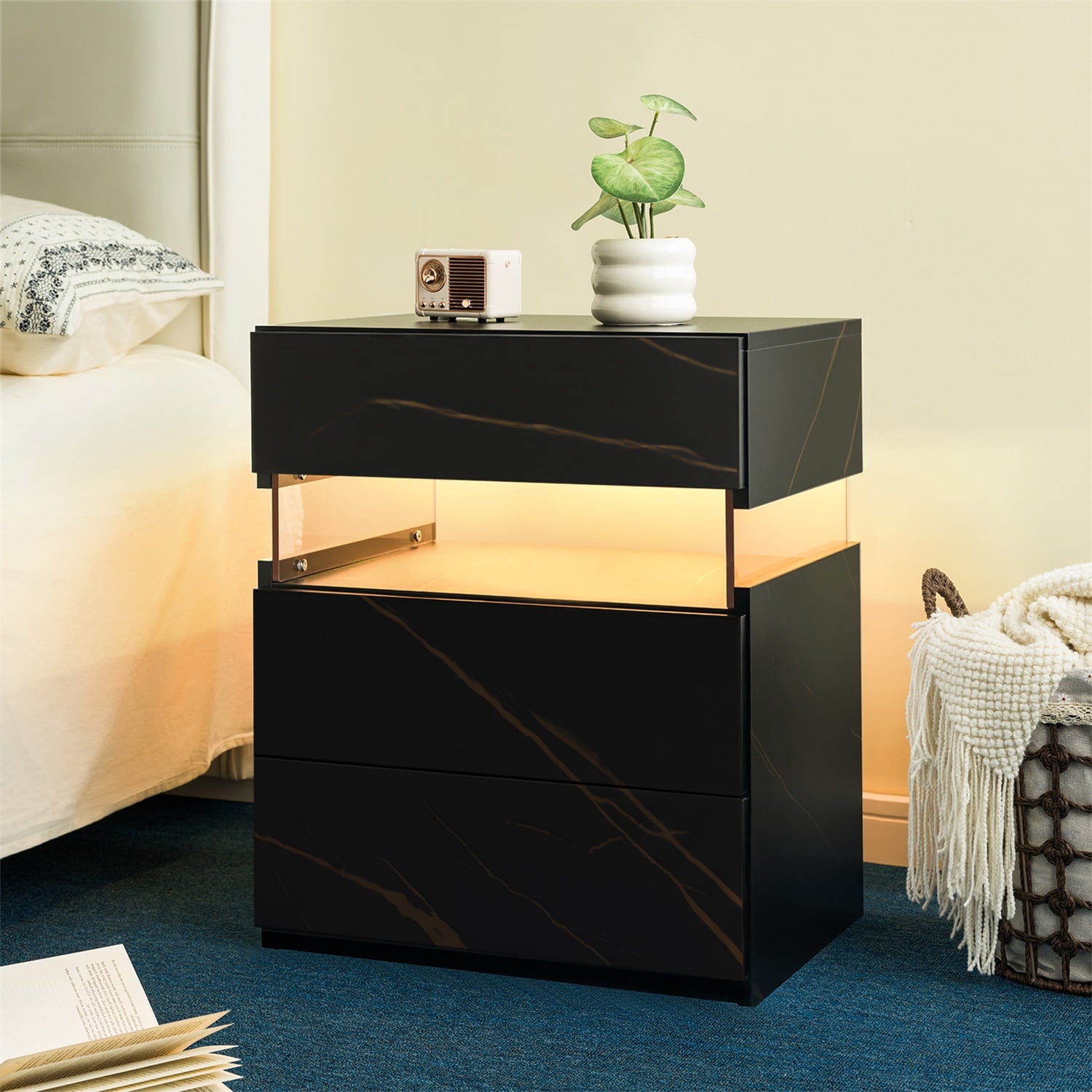 Hommoo 3 Drawer Dresser LED Nightstands, End Table Bedside Tables for Bedroom, Living Room, Gray