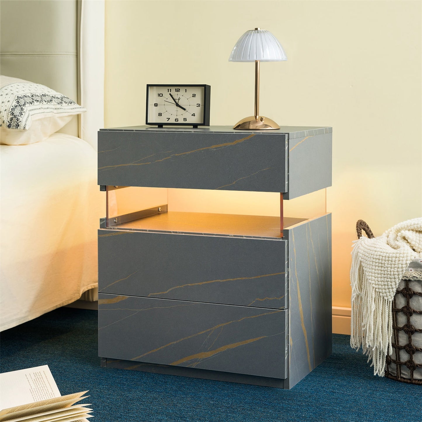 Hommoo 3 Drawer Dresser LED Nightstands, End Table Bedside Tables for Bedroom, Living Room, Gray Gold