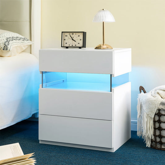 Hommoo 3 Drawer Dresser LED Nightstands, End Table Bedside Tables for Bedroom, Living Room, White