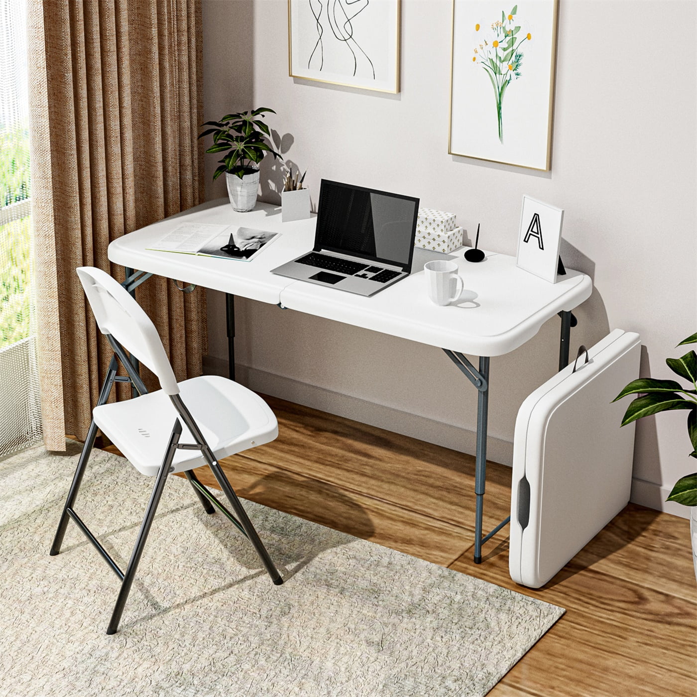 Hommoo 4ft Plastic Folding Table, Indoor Outdoor Heavy Duty Portable Tables, Adjustable Height Camping Table for Home Office Party Picnic, White