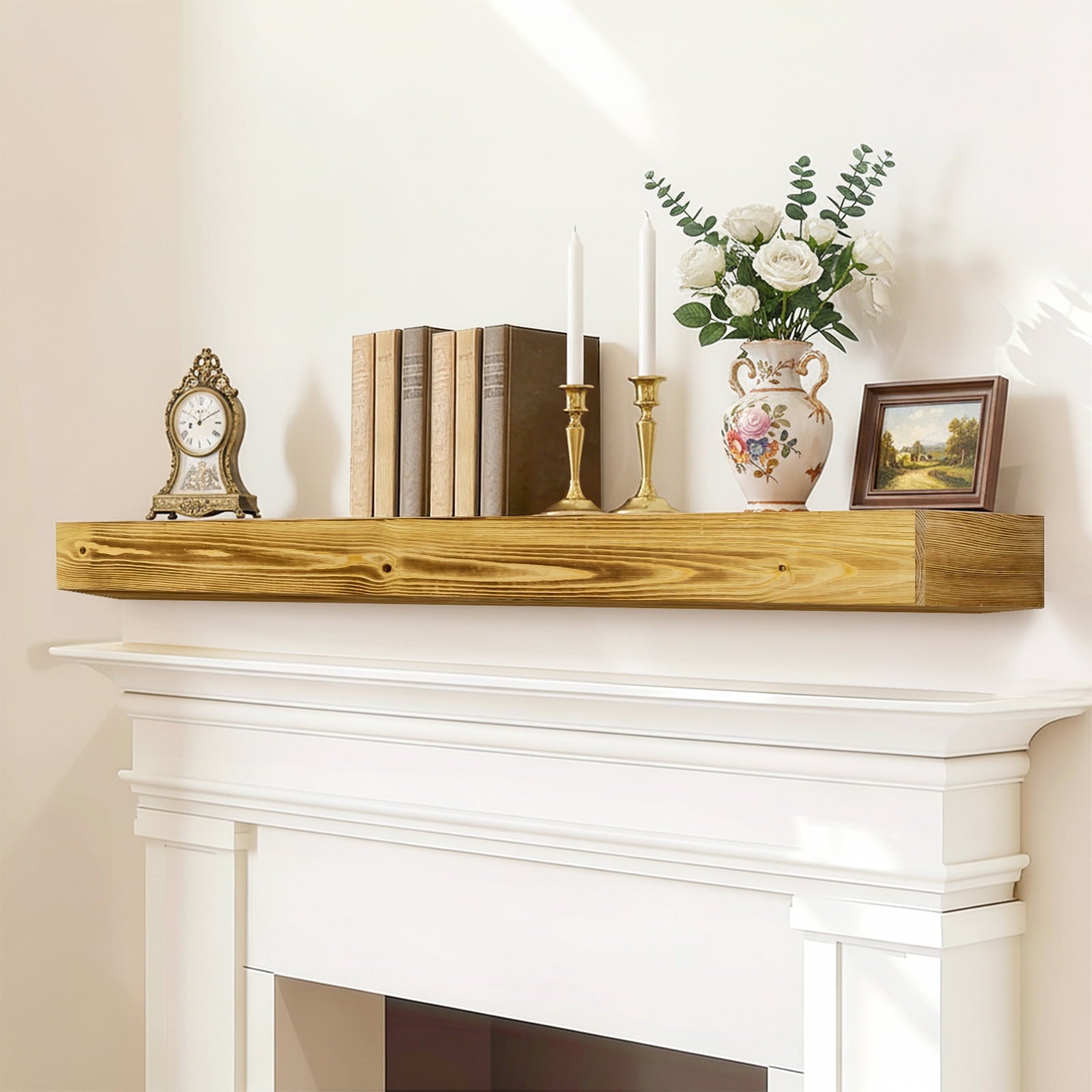 Hommoo 60" Wall Mounted Fireplace Mantel, Rustic Wood Fireplace Mantle Shelf with Invisible Brackets, Floating Fireplace Mantel for Living Room, Brown