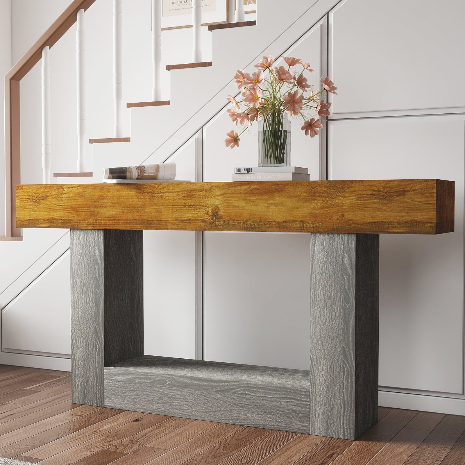 Hommoo 63" Wooden Console Table, Farmhouse 2-Tier Sofa Table, Entryway Table Hallway Table, Brown & Gray