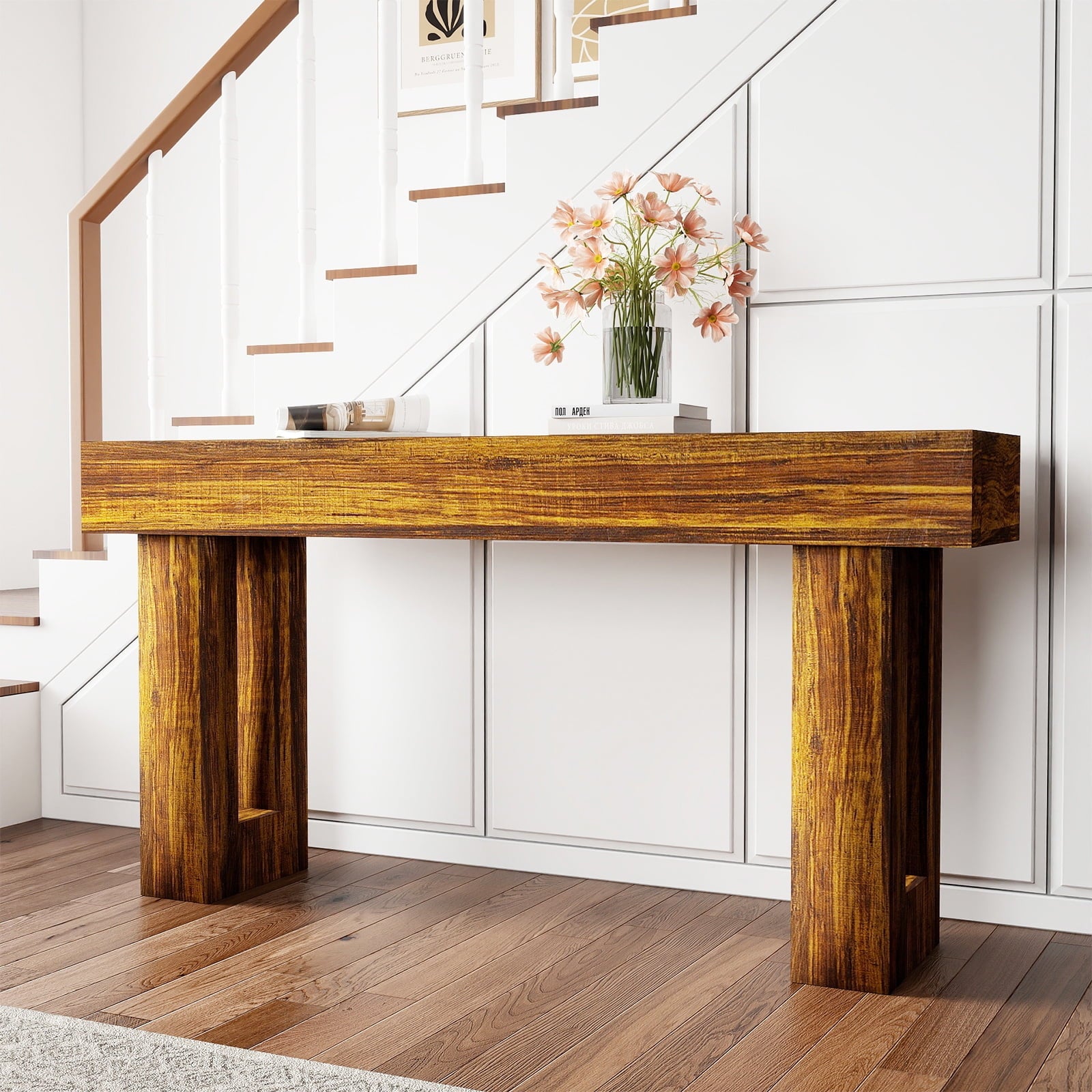 Hommoo 63" Wooden Sofa Table, Farmhouse Sofa Table, Entryway Table Hallway Table, Rustic Brown
