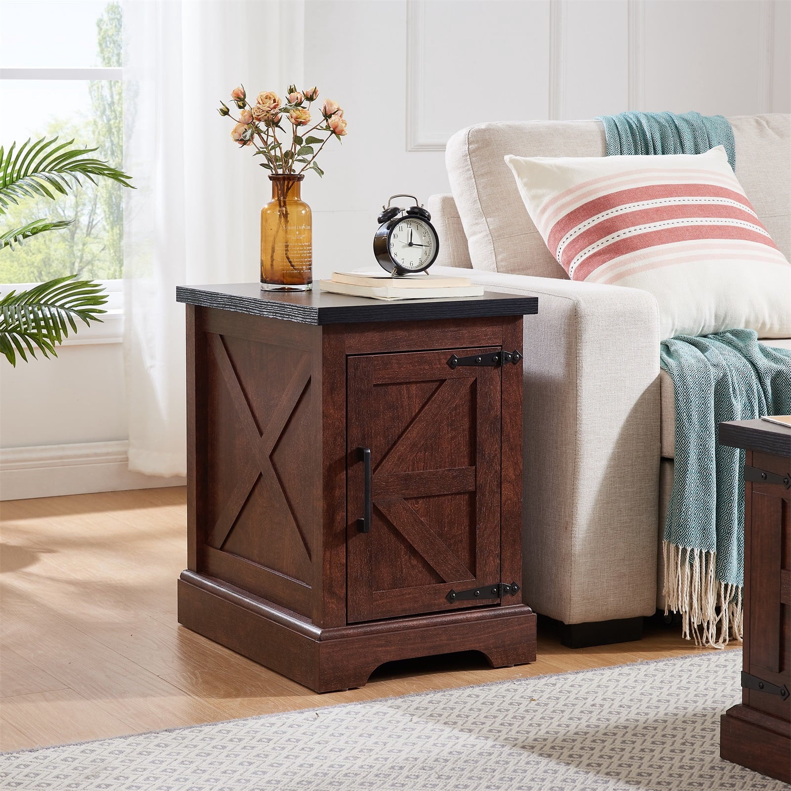 Hommoo Farmhouse End Table Nightstand with Barn Door and Adjustable Storage Shelf, Sofa Side Table for Living Room, Bedroom, Oak