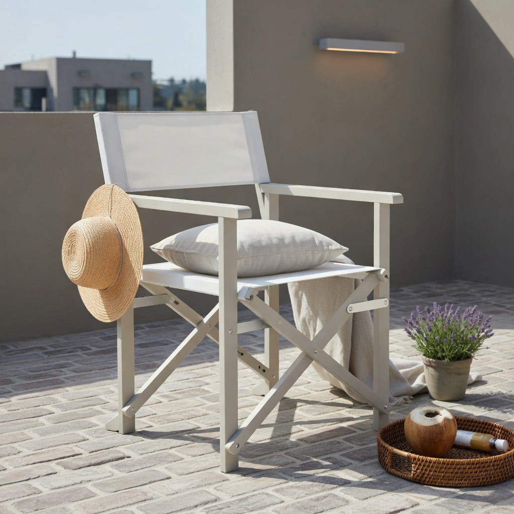 Hommoo Folding Director Chair, Off-White Oxford Fabric & Solid Acacia Wood Frame, Lightweight Outdoor Patio Chair with Machine-Washable Seat, Beige