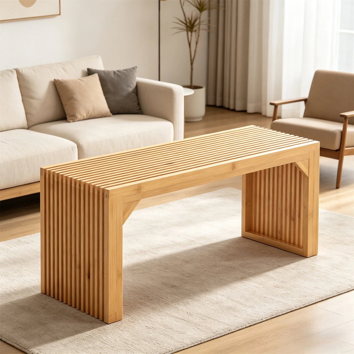 Hommoo Modern Bamboo Dining Bench Long Entryway Bench, Solid Wood Bench, Natural
