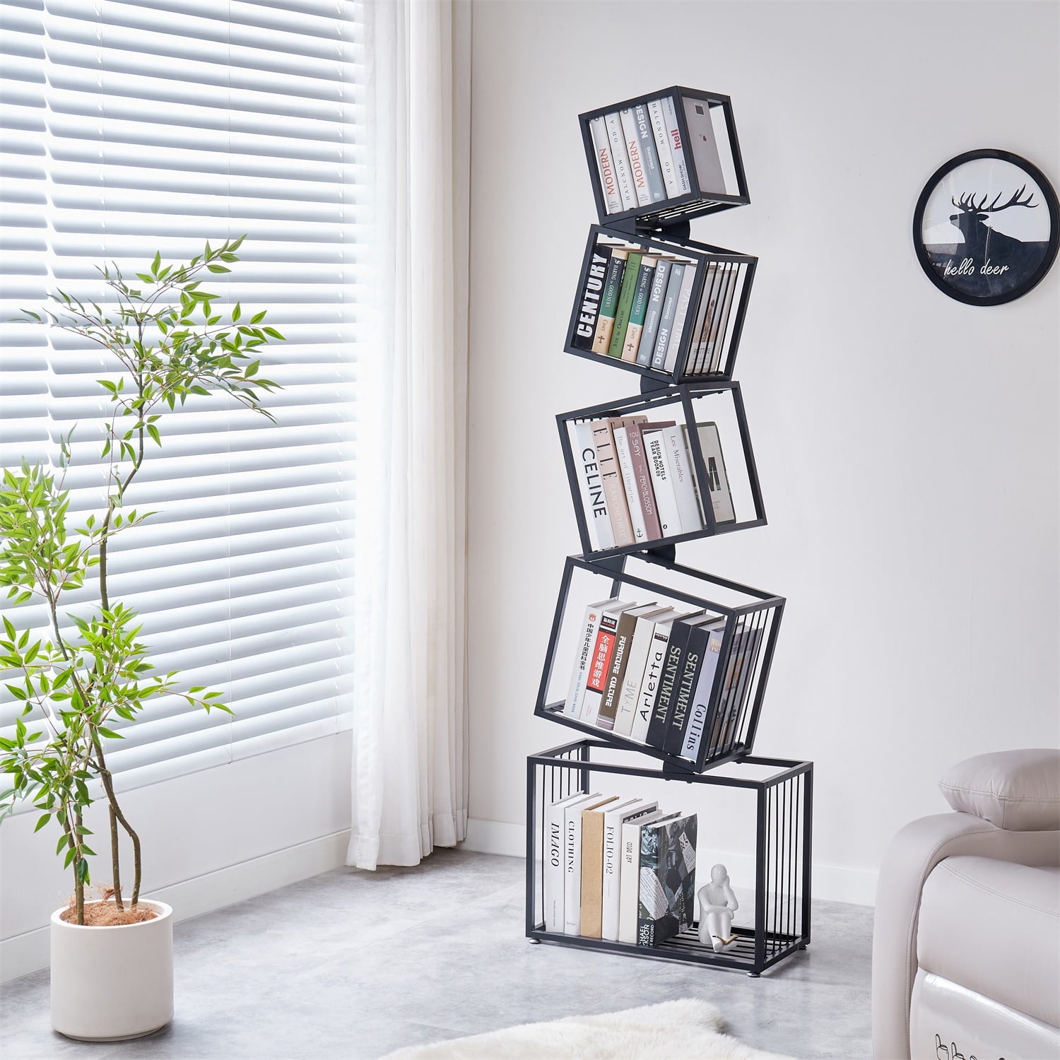 Hommoo Modern Metal Geometric Bookshelf, Modern Narrow Floor Bookcase Storage Organizer for Living Room, Bedroom, Office, Black